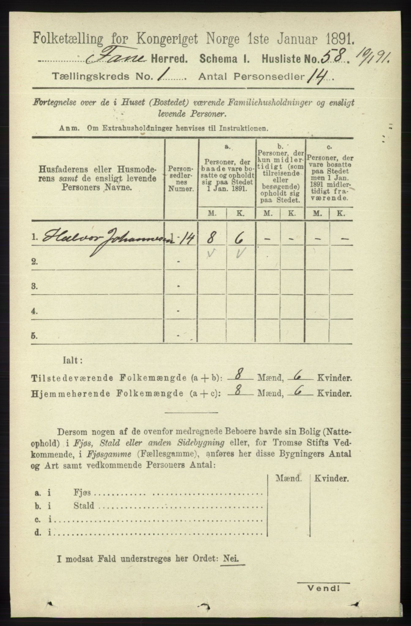 RA, 1891 census for 1249 Fana, 1891, p. 85