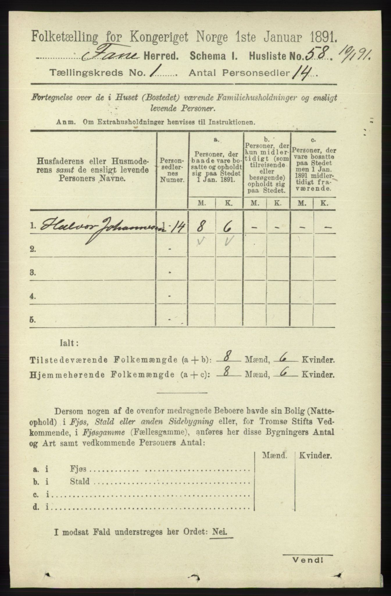 RA, 1891 census for 1249 Fana, 1891, p. 85