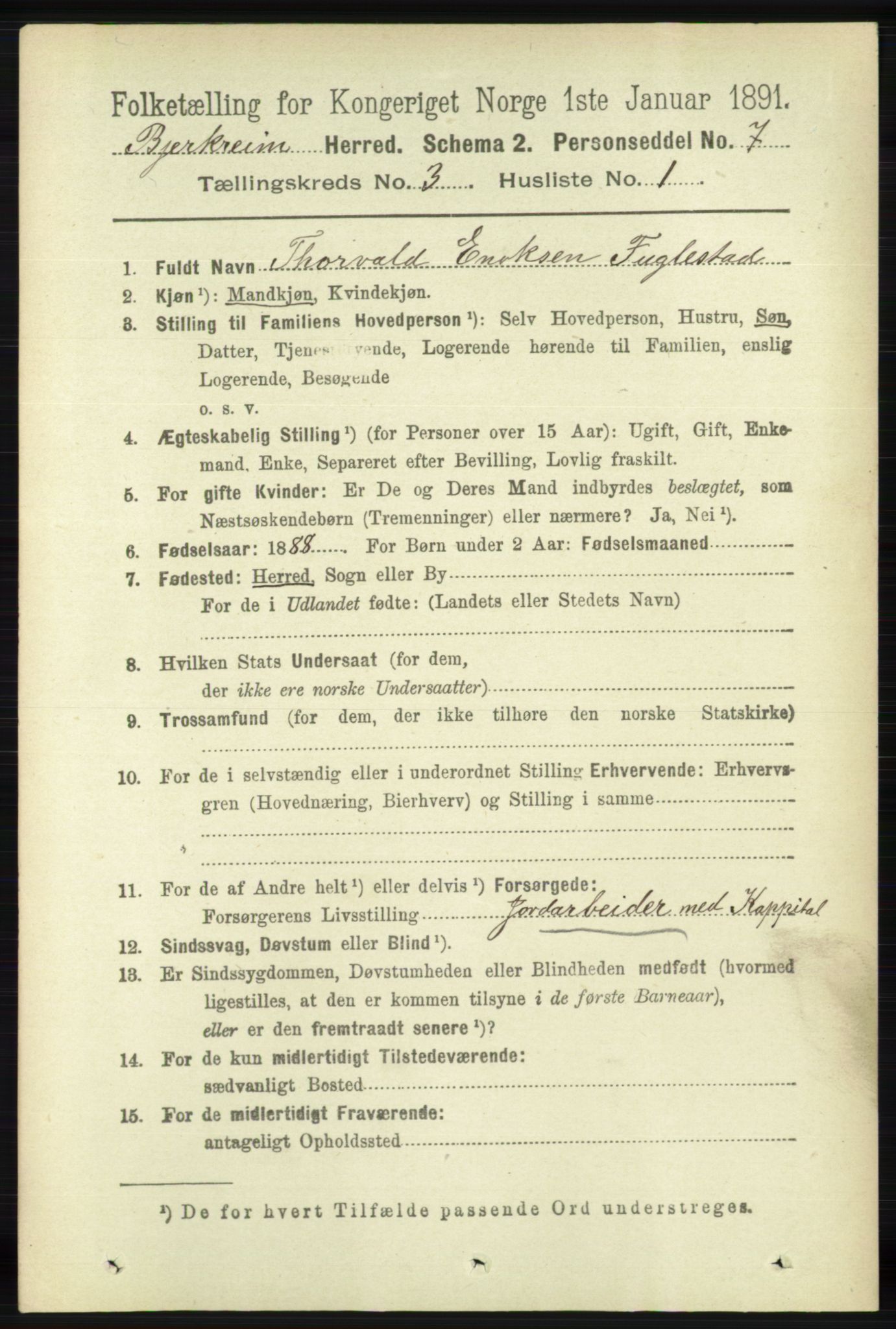 RA, 1891 census for 1114 Bjerkreim, 1891, p. 898