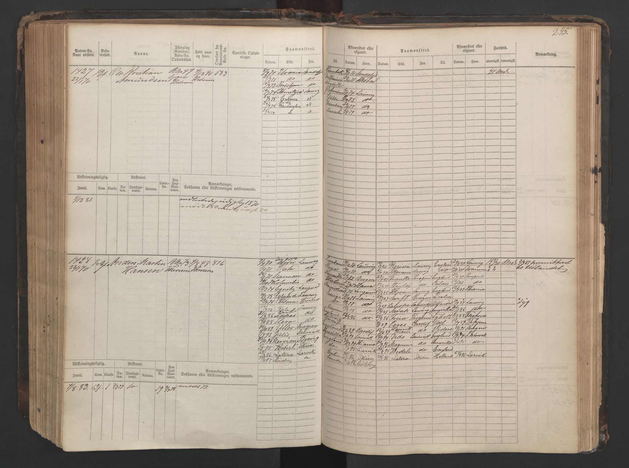 Larvik innrulleringskontor, AV/SAKO-A-787/F/Fc/L0003: Hovedrulle, 1868, p. 295