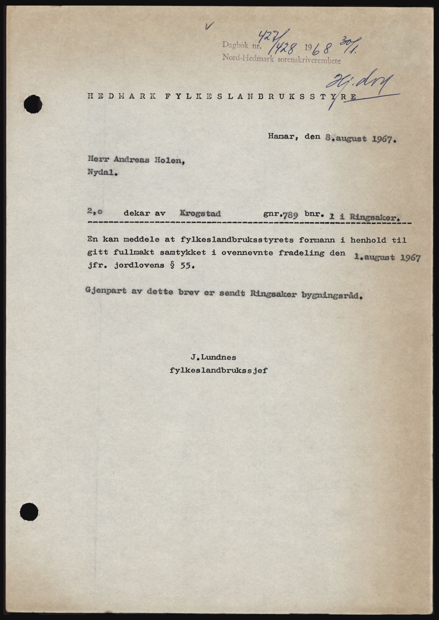 Nord-Hedmark sorenskriveri, SAH/TING-012/H/Hc/L0027: Mortgage book no. 27, 1967-1968, Diary no: : 427/1968