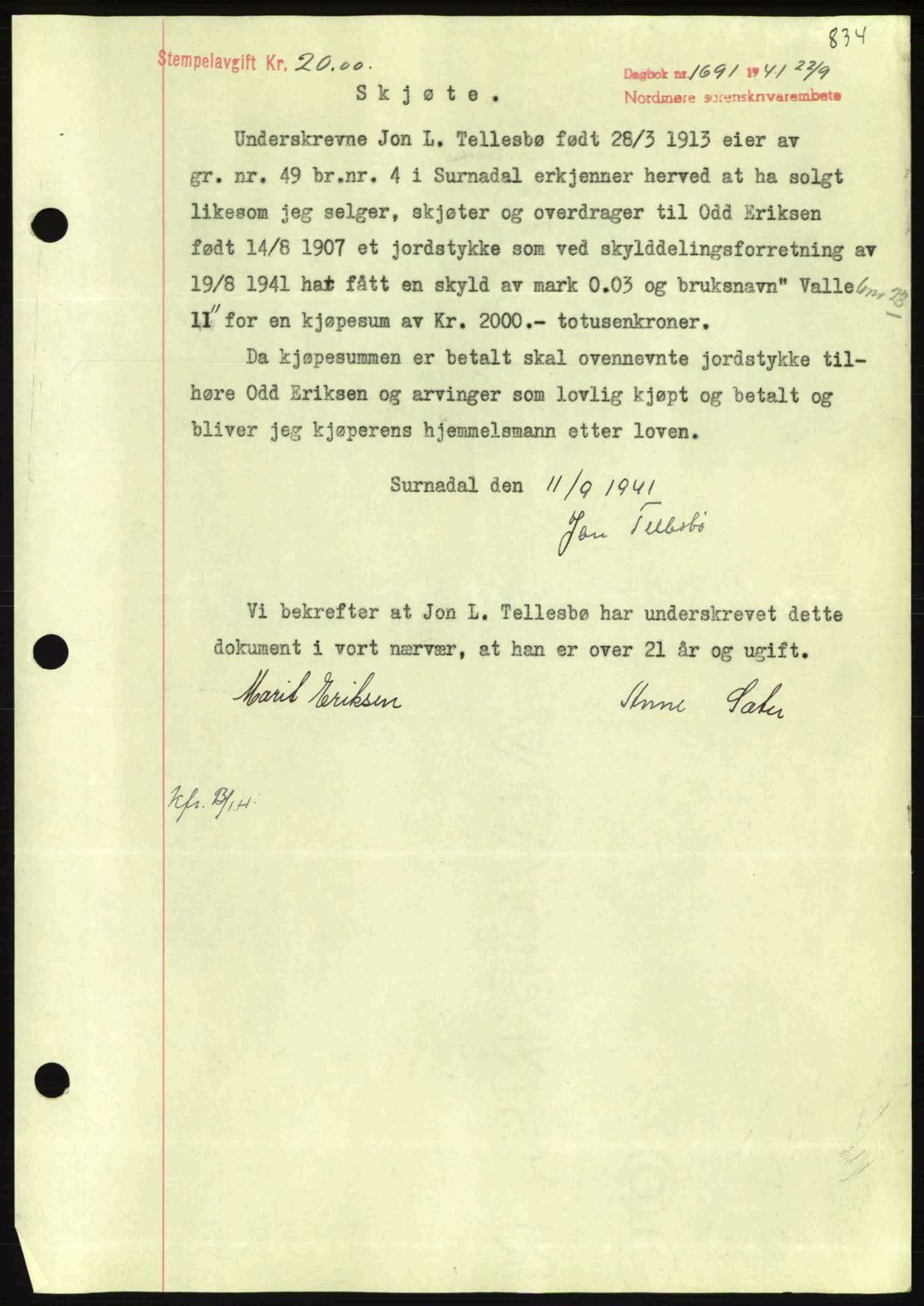Nordmøre sorenskriveri, SAT/A-4132/1/2/2Ca: Mortgage book no. A90, 1941-1941, Diary no: : 1691/1941