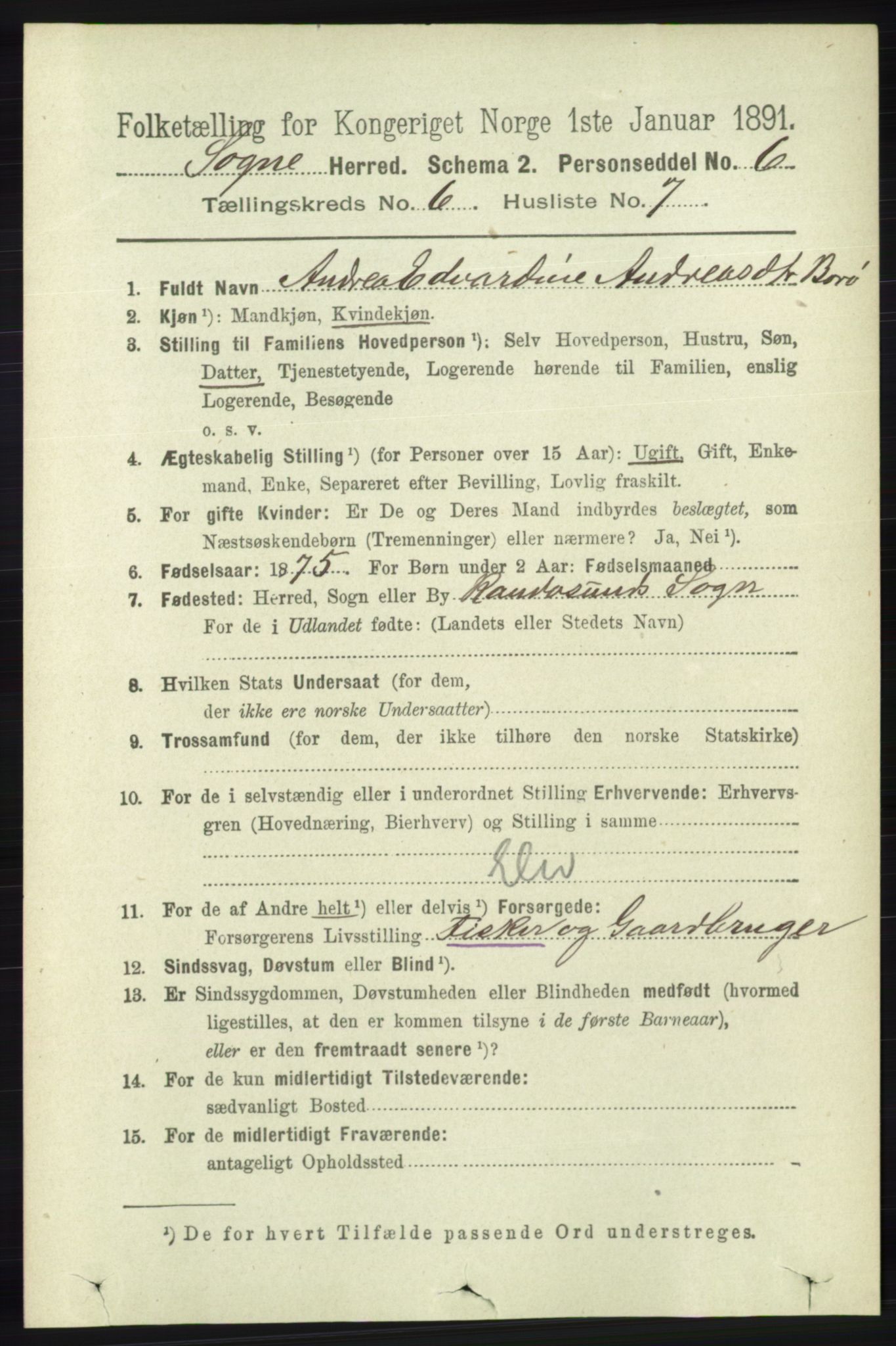 RA, 1891 census for 1018 Søgne, 1891, p. 1407