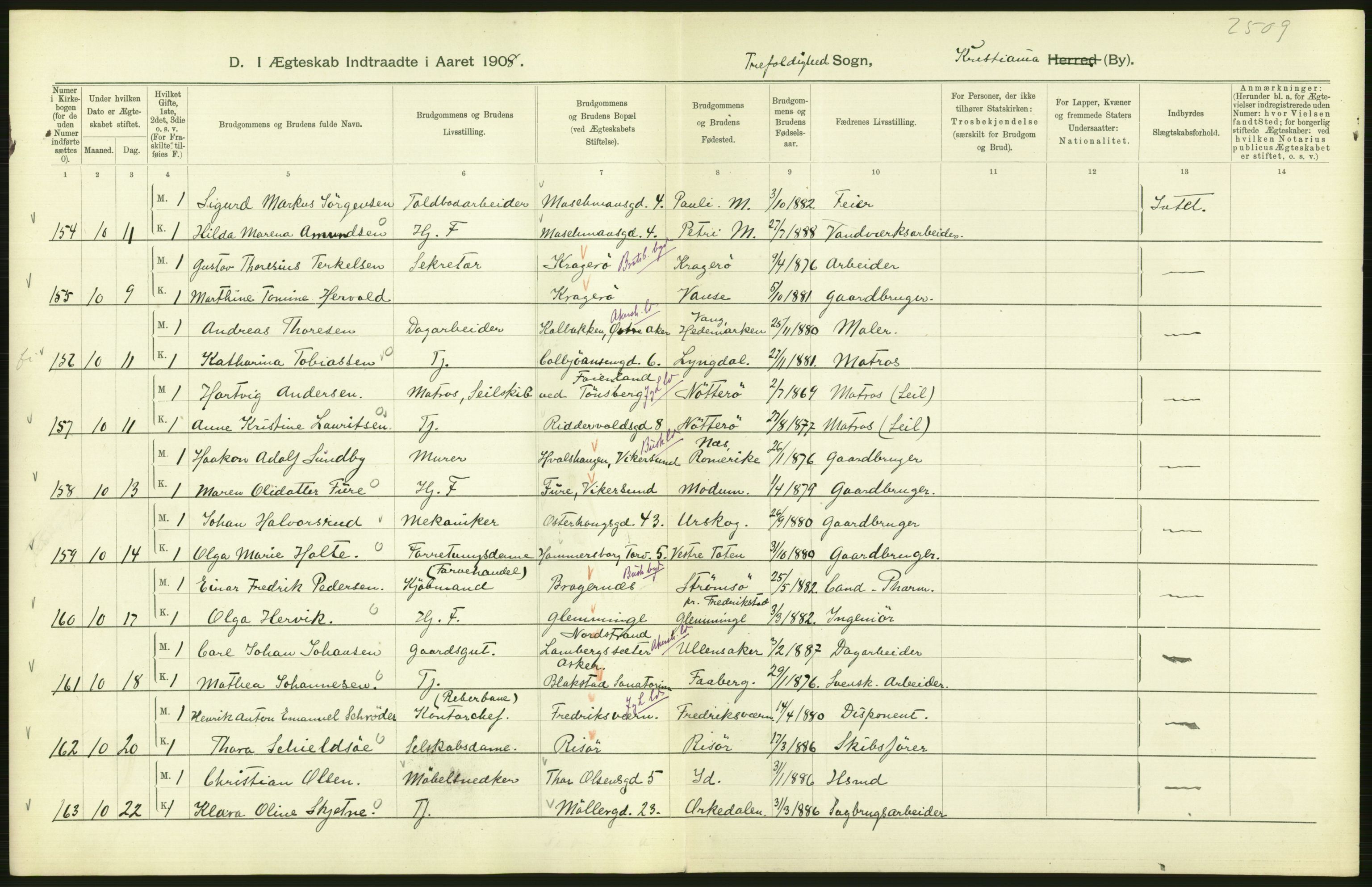 Statistisk sentralbyrå, Sosiodemografiske emner, Befolkning, AV/RA-S-2228/D/Df/Dfa/Dfaf/L0007: Kristiania: Gifte, 1908, p. 438