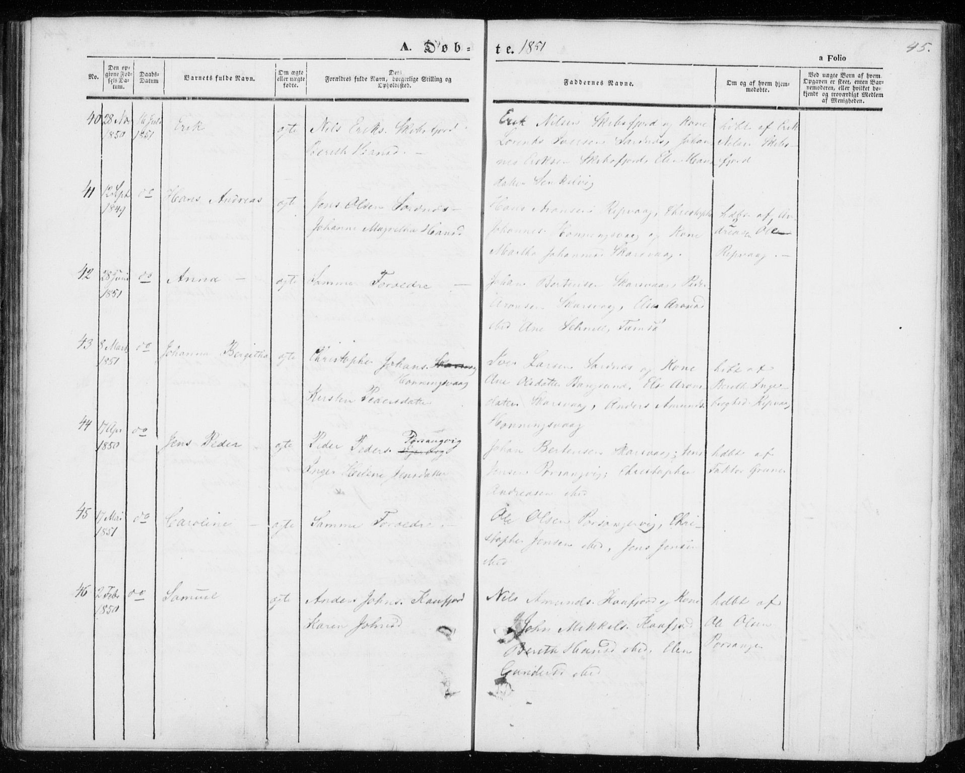 Kistrand/Porsanger sokneprestembete, AV/SATØ-S-1351/H/Ha/L0004.kirke: Parish register (official) no. 4, 1843-1860, p. 45