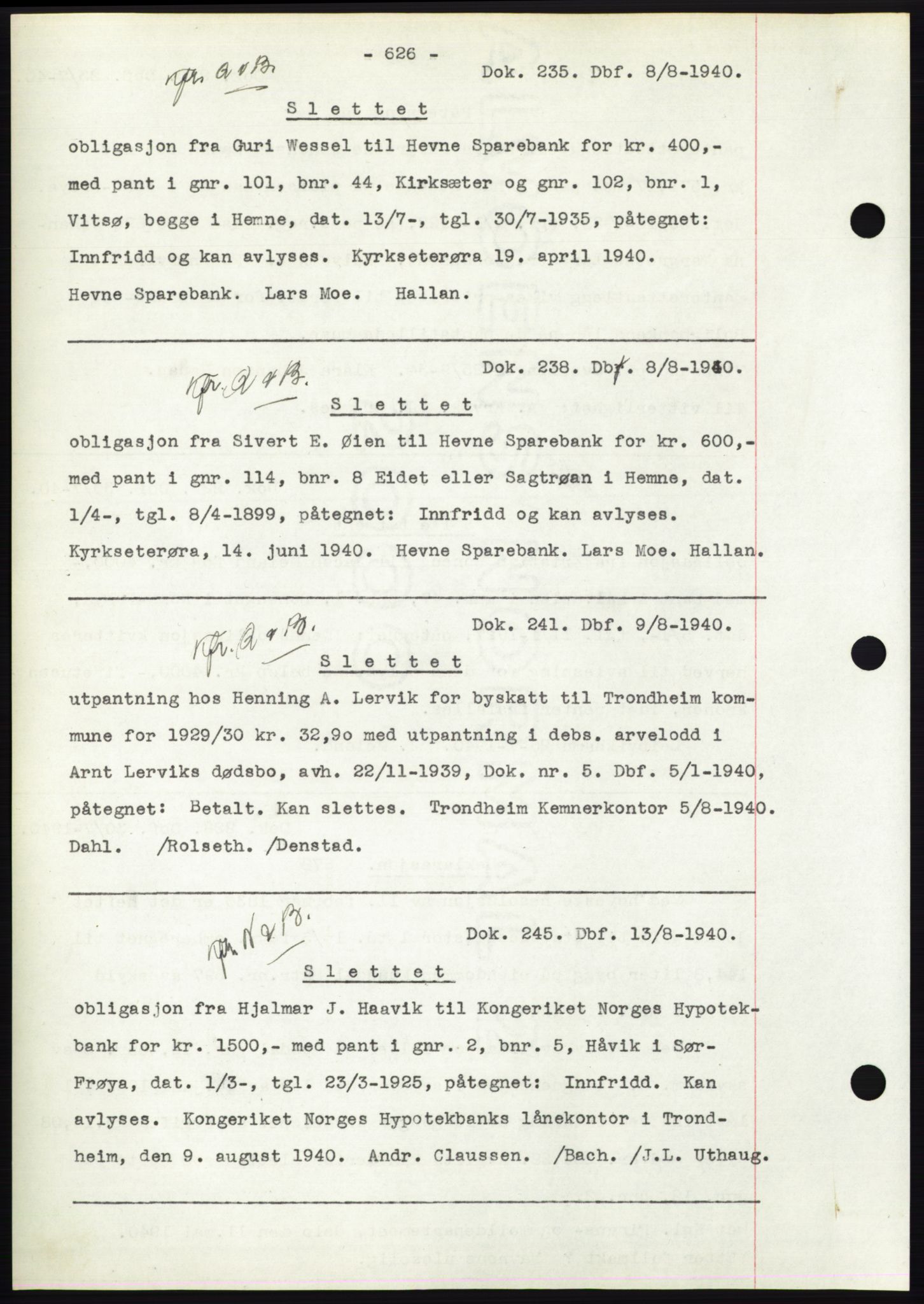 Hitra sorenskriveri, AV/SAT-A-0018/2/2C/2Ca: Mortgage book no. C1, 1936-1945, Diary no: : 235/1940