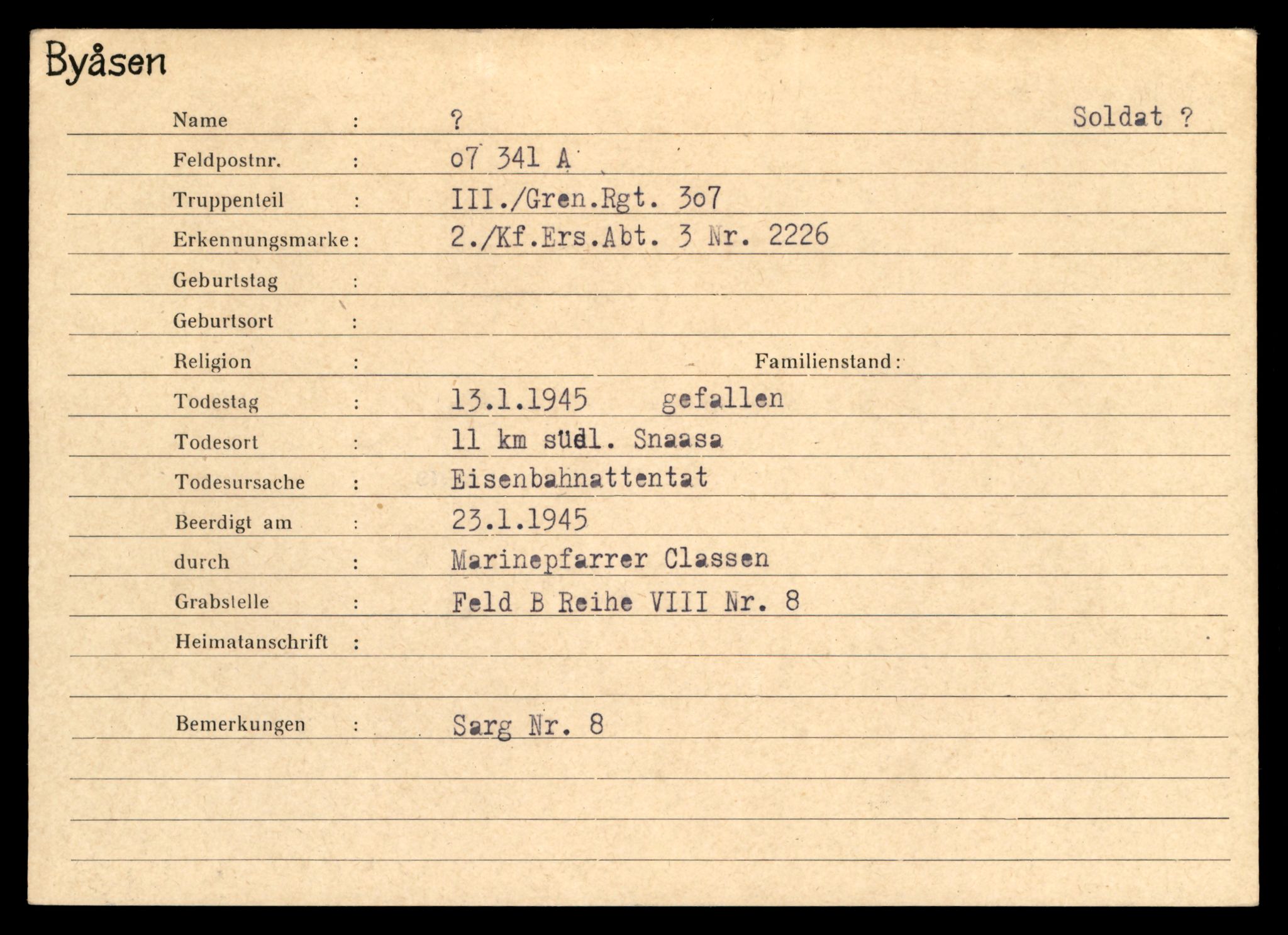 Distriktskontoret for krigsgraver, AV/SAT-A-5030/E/L0004: Kasett/kartotek over tysk Krigskirkegård på Byåsen, 1945, p. 2055