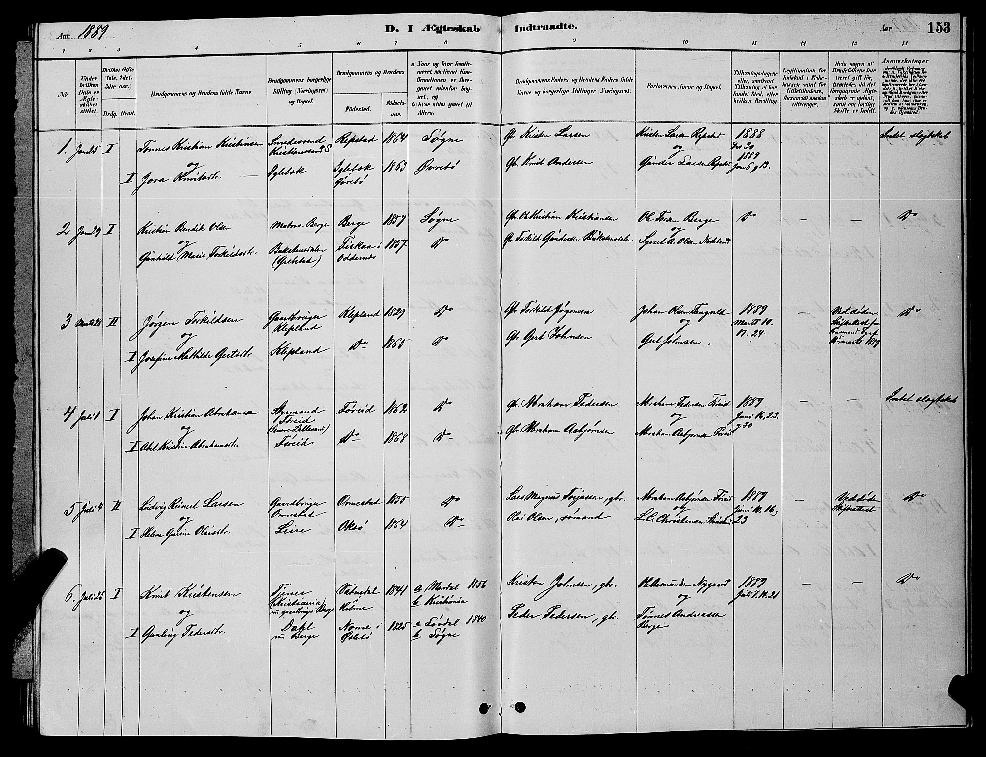 Søgne sokneprestkontor, SAK/1111-0037/F/Fb/Fbb/L0005: Parish register (copy) no. B 5, 1884-1891, p. 153
