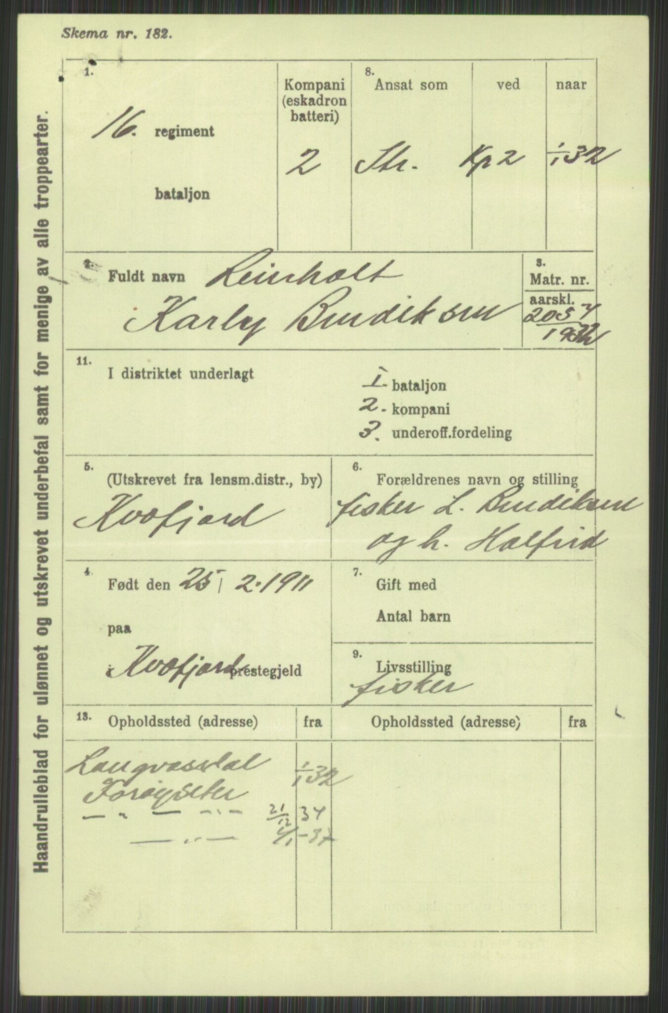 Forsvaret, Troms infanteriregiment nr. 16, AV/RA-RAFA-3146/P/Pa/L0016: Rulleblad for regimentets menige mannskaper, årsklasse 1932, 1932, p. 91
