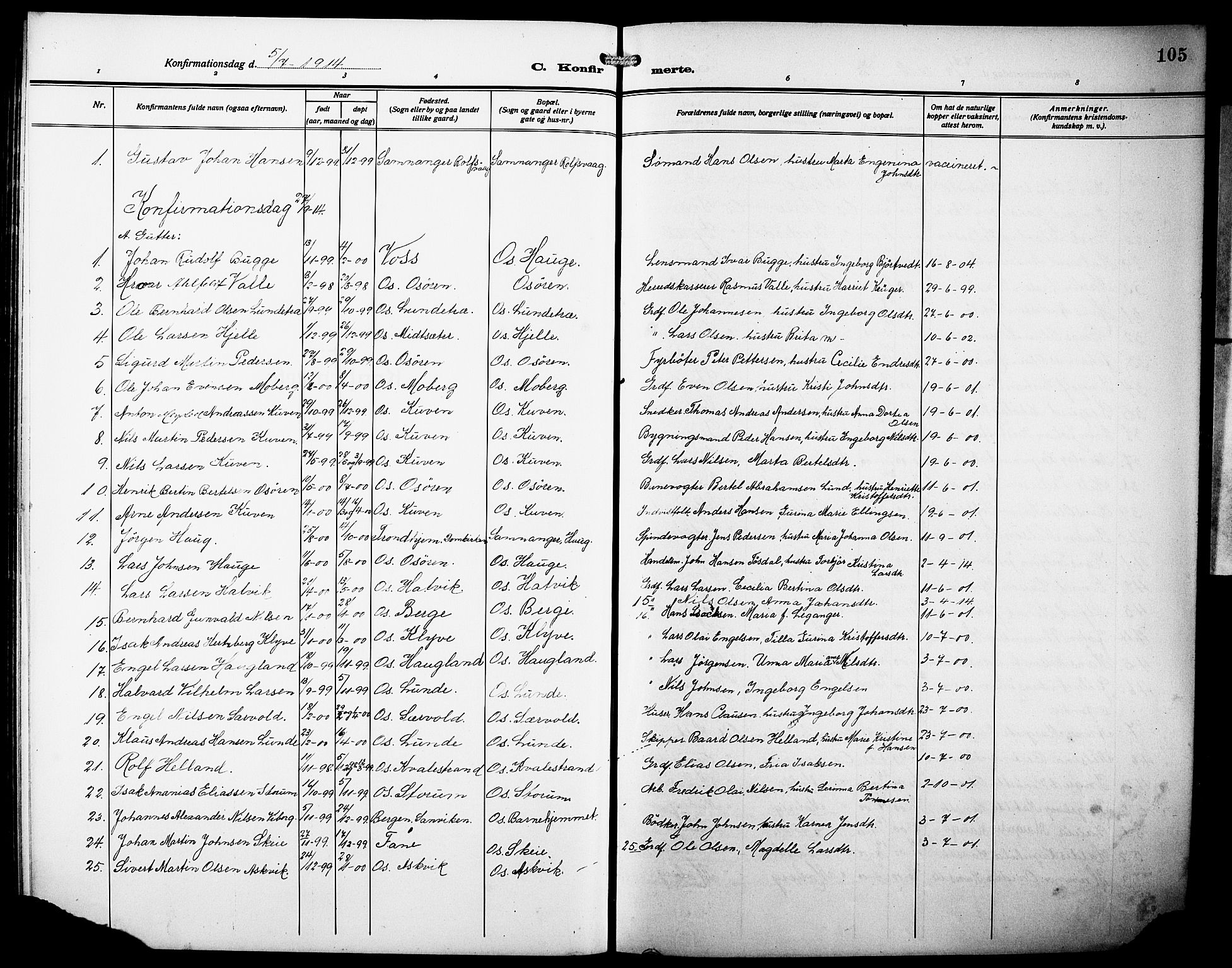 Os sokneprestembete, SAB/A-99929: Parish register (copy) no. A 4, 1914-1923, p. 105
