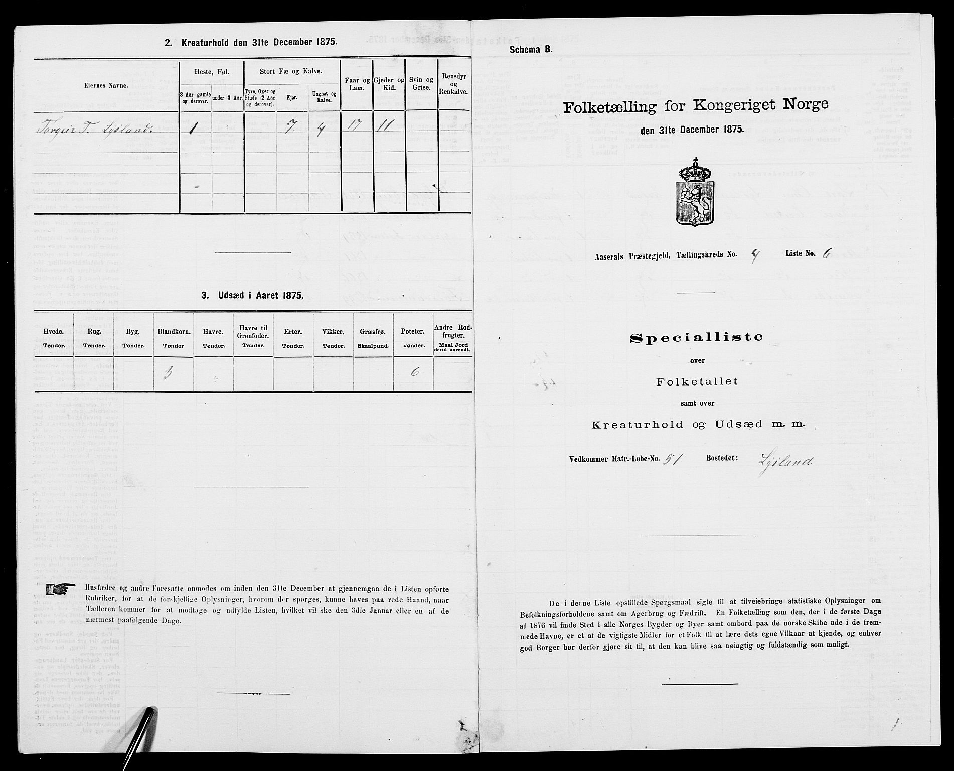 SAK, 1875 census for 0980P Åseral, 1875, p. 291