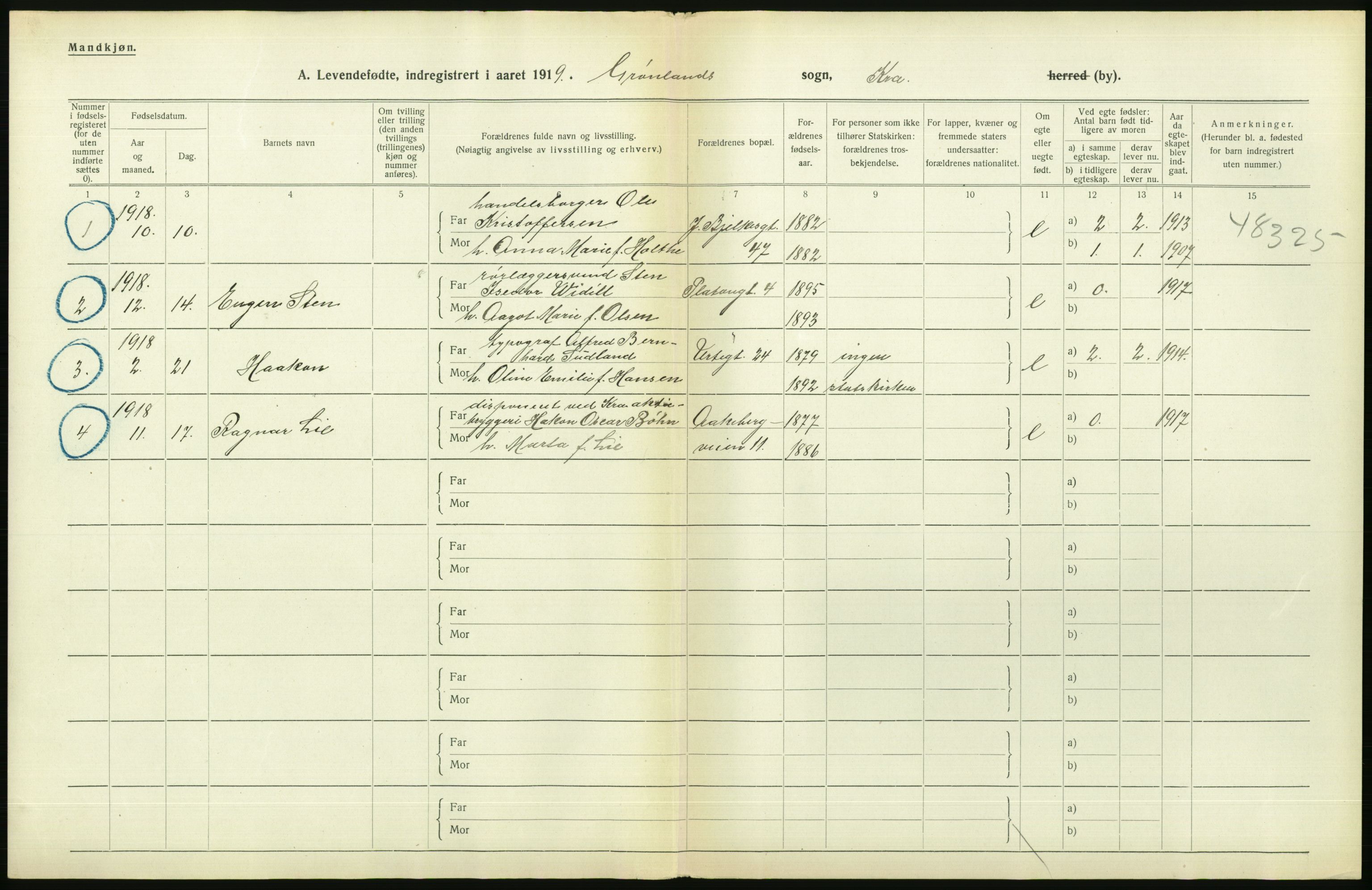 Statistisk sentralbyrå, Sosiodemografiske emner, Befolkning, RA/S-2228/D/Df/Dfb/Dfbi/L0008: Kristiania: Levendefødte menn og kvinner., 1919