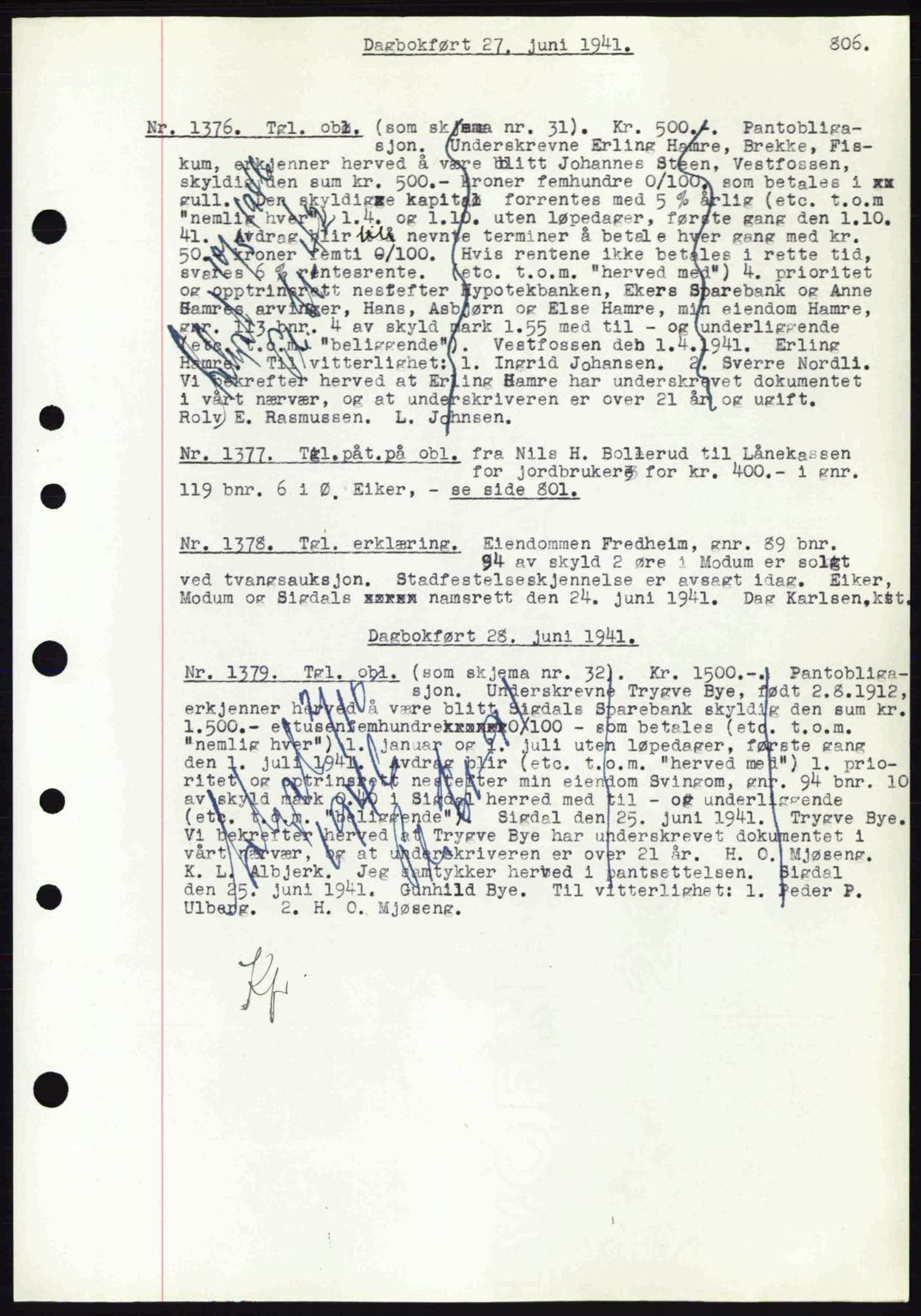 Eiker, Modum og Sigdal sorenskriveri, SAKO/A-123/G/Ga/Gab/L0043: Mortgage book no. A13, 1940-1941, Diary no: : 1376/1941
