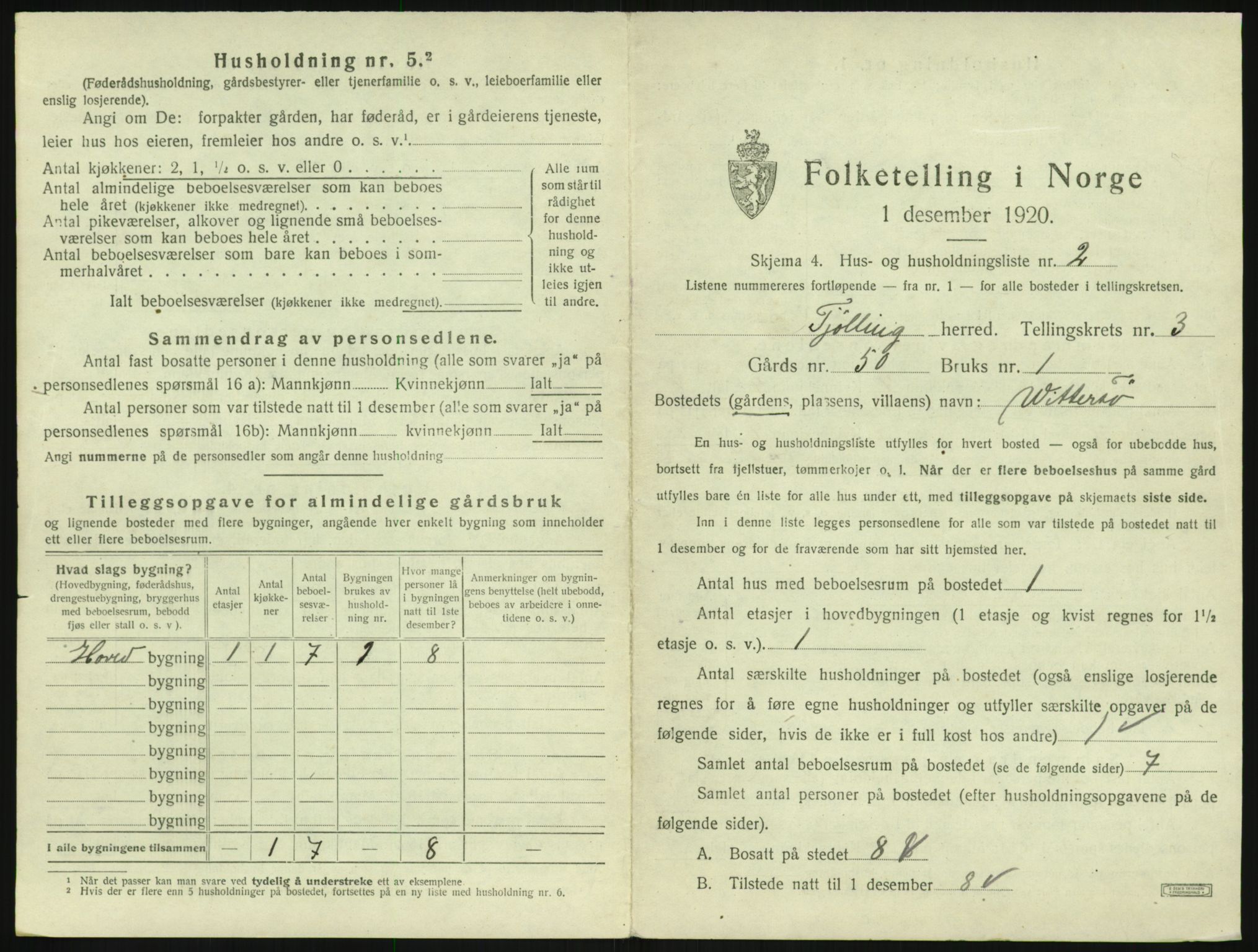 SAKO, 1920 census for Tjølling, 1920, p. 969