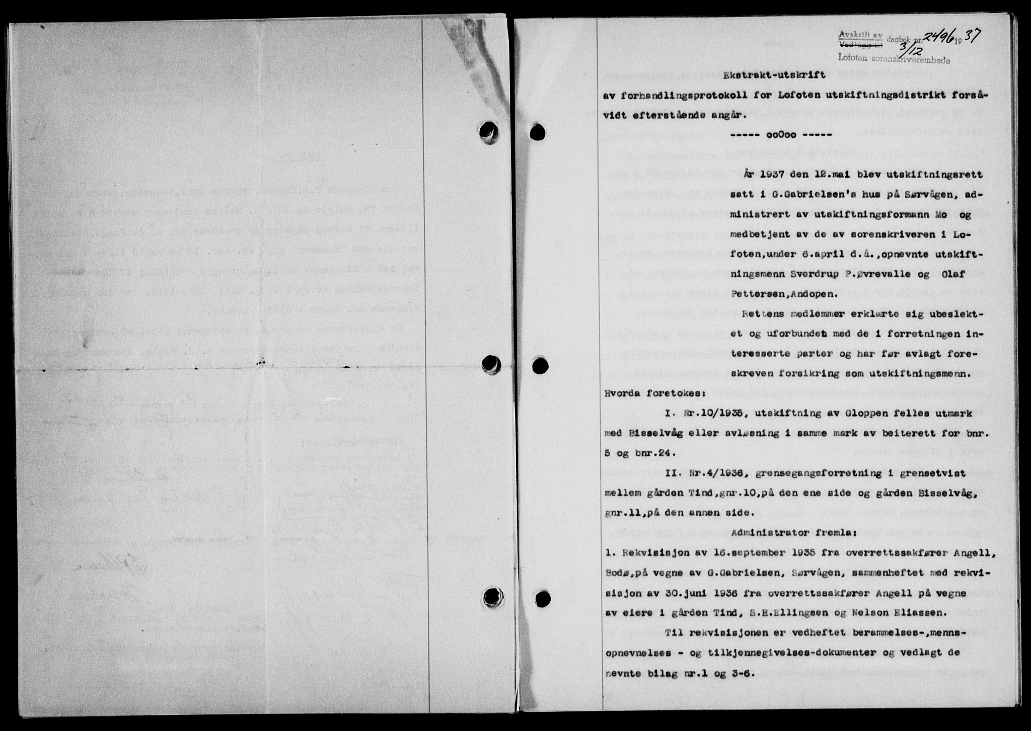 Lofoten sorenskriveri, SAT/A-0017/1/2/2C/L0003a: Mortgage book no. 3a, 1937-1938, Diary no: : 2496/1937