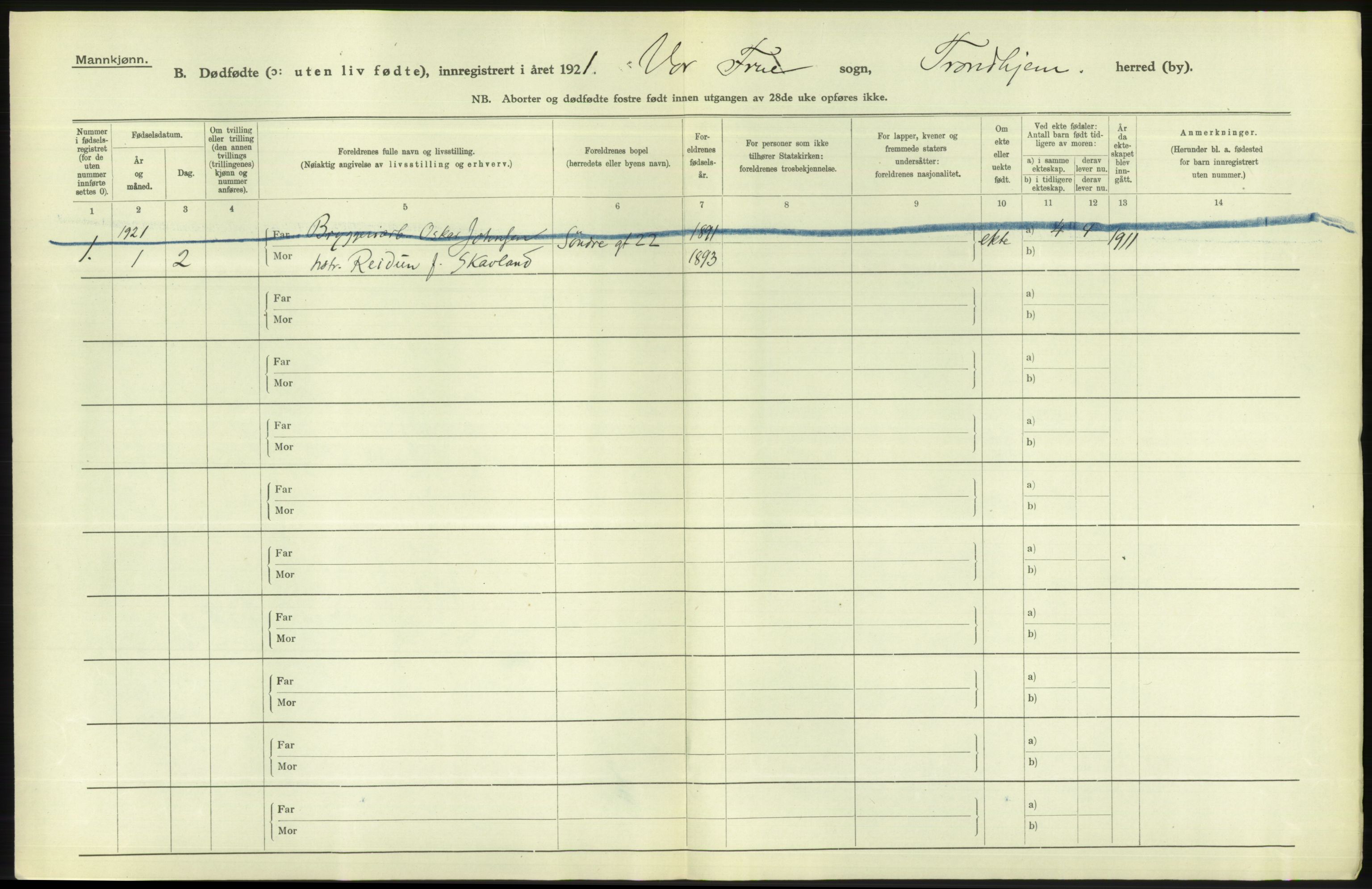 Statistisk sentralbyrå, Sosiodemografiske emner, Befolkning, AV/RA-S-2228/D/Df/Dfc/Dfca/L0046: Trondheim: Døde, dødfødte., 1921, p. 308