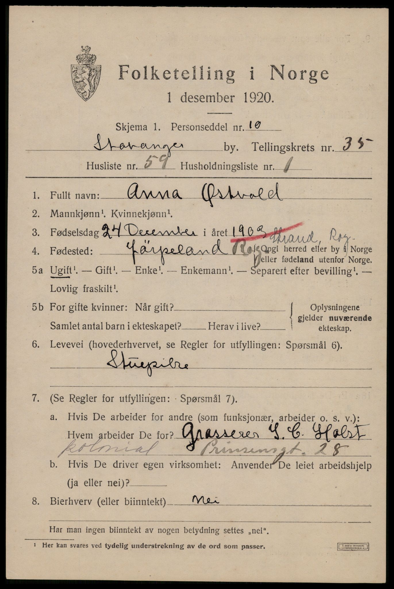 SAST, 1920 census for Stavanger, 1920, p. 94732