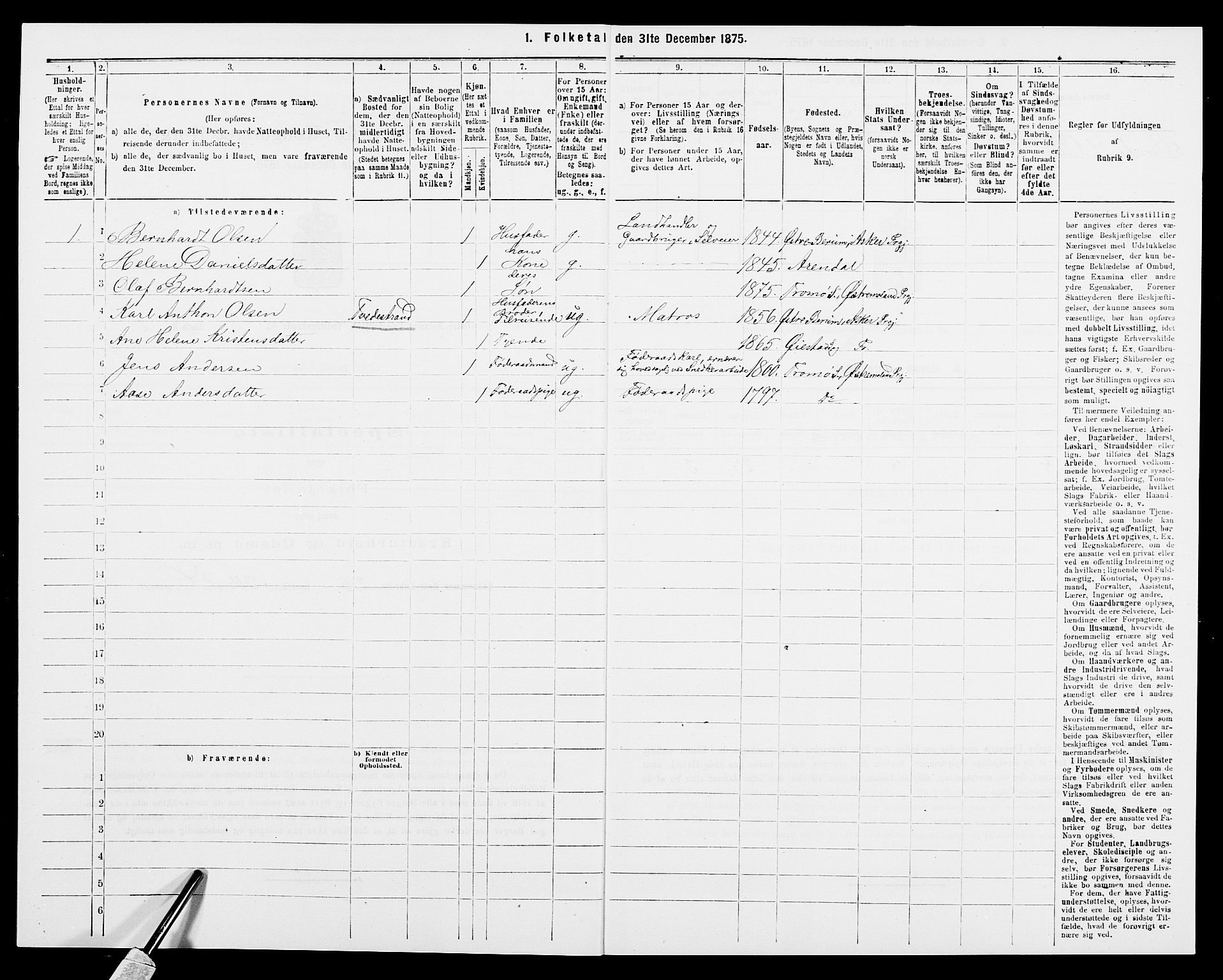 SAK, 1875 census for 0918P Austre Moland, 1875, p. 1101