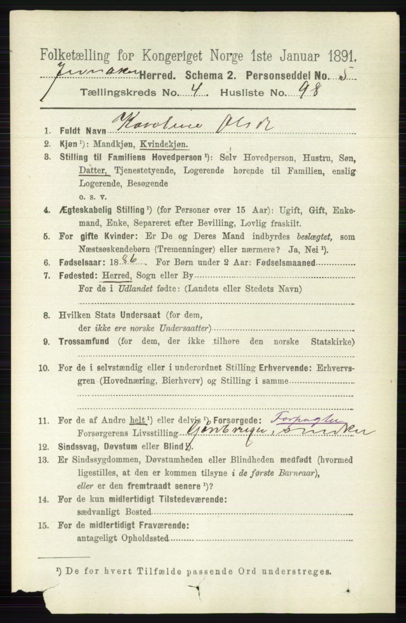 RA, 1891 census for 0532 Jevnaker, 1891, p. 2311