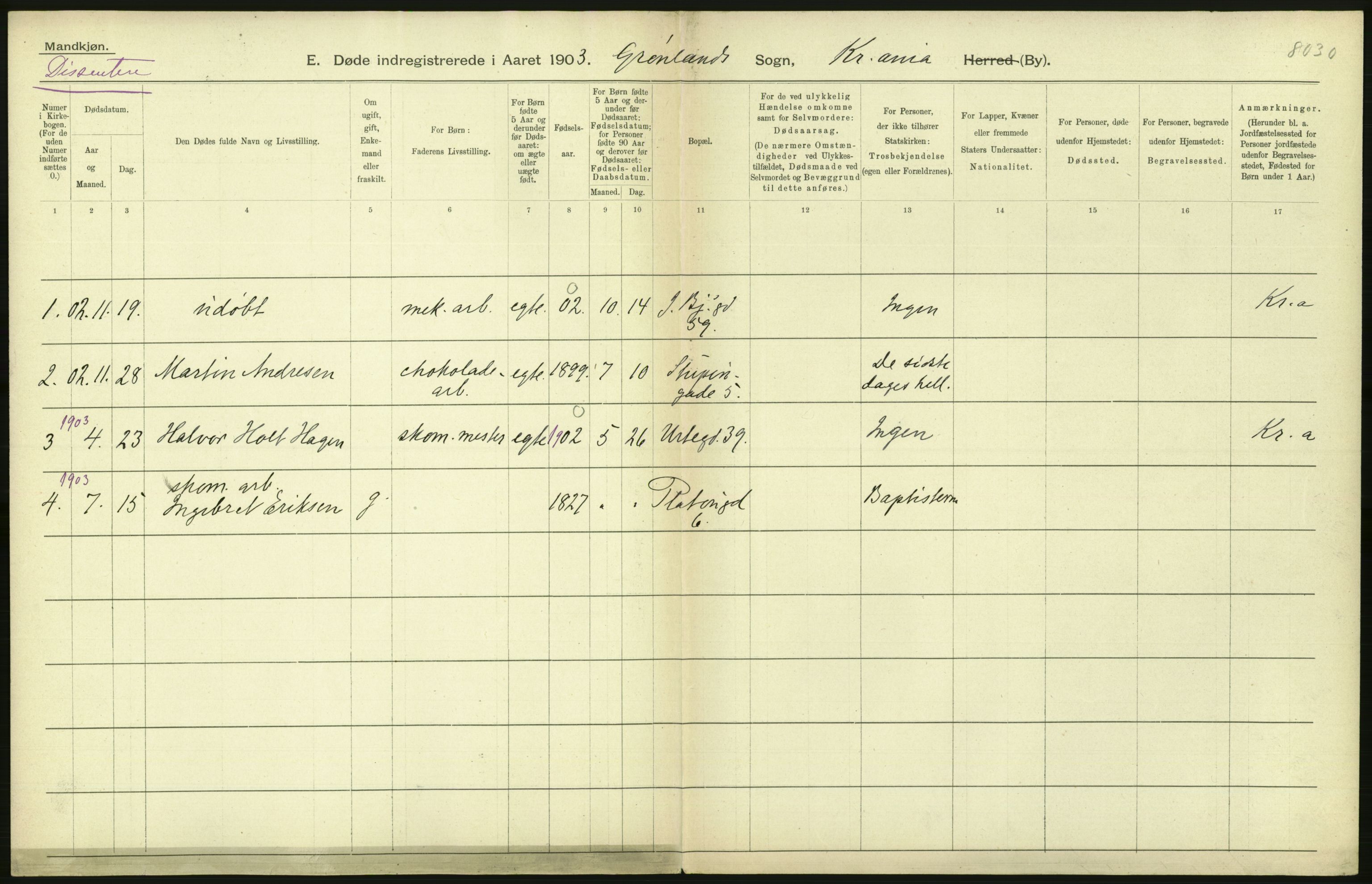 Statistisk sentralbyrå, Sosiodemografiske emner, Befolkning, AV/RA-S-2228/D/Df/Dfa/Dfaa/L0004: Kristiania: Gifte, døde, 1903, p. 376