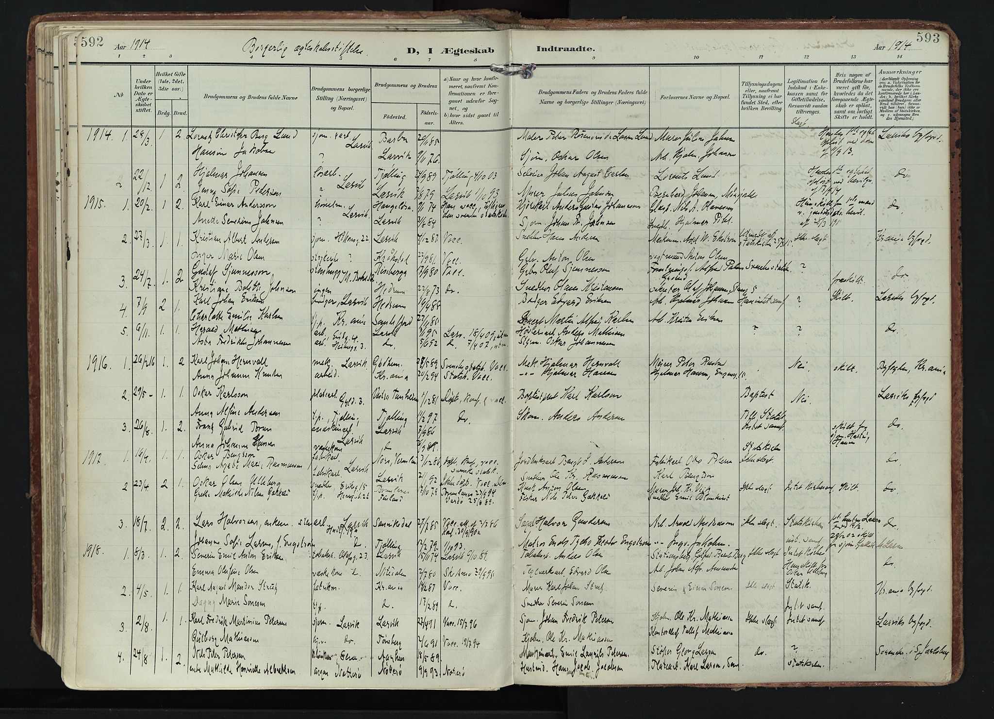 Larvik kirkebøker, AV/SAKO-A-352/F/Fa/L0011: Parish register (official) no. I 11, 1902-1922, p. 592-593