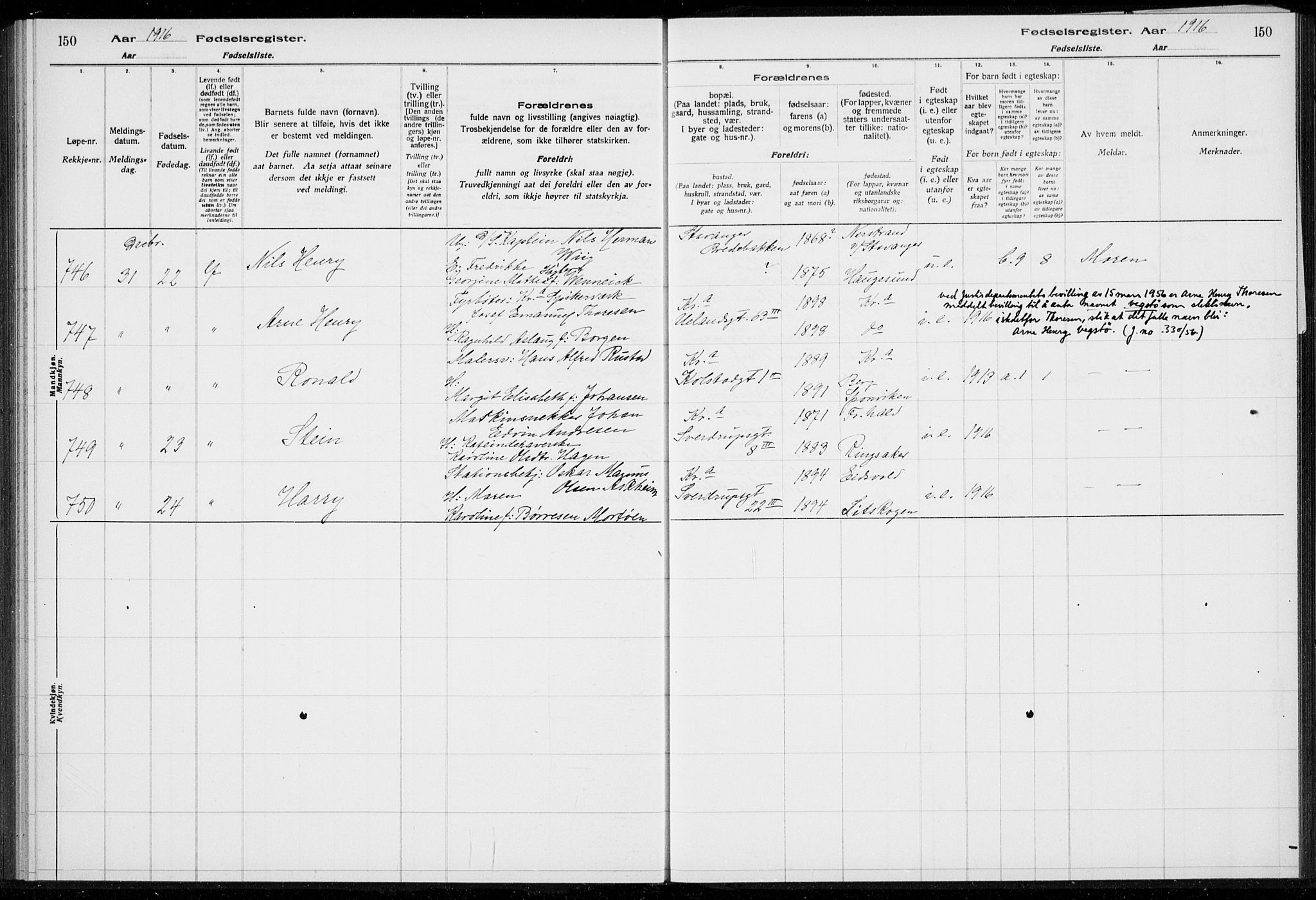 Rikshospitalet prestekontor Kirkebøker, AV/SAO-A-10309b/J/L0001: Birth register no. 1, 1916-1916, p. 150