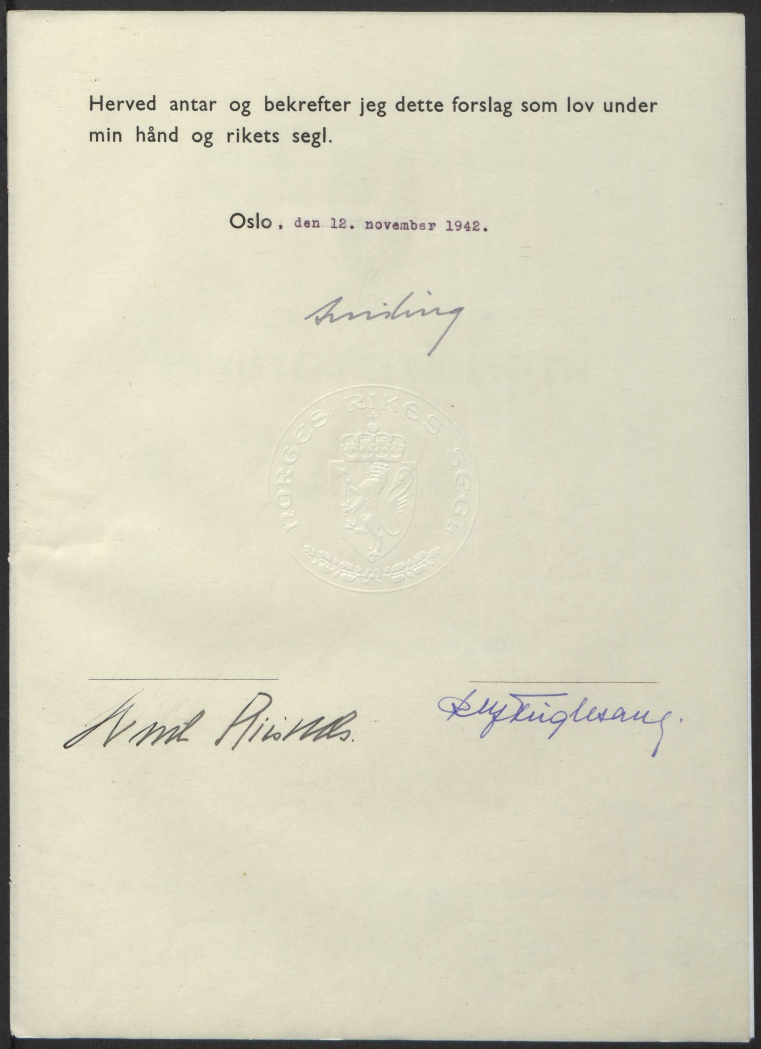 NS-administrasjonen 1940-1945 (Statsrådsekretariatet, de kommisariske statsråder mm), RA/S-4279/D/Db/L0098: Lover II, 1942, p. 511
