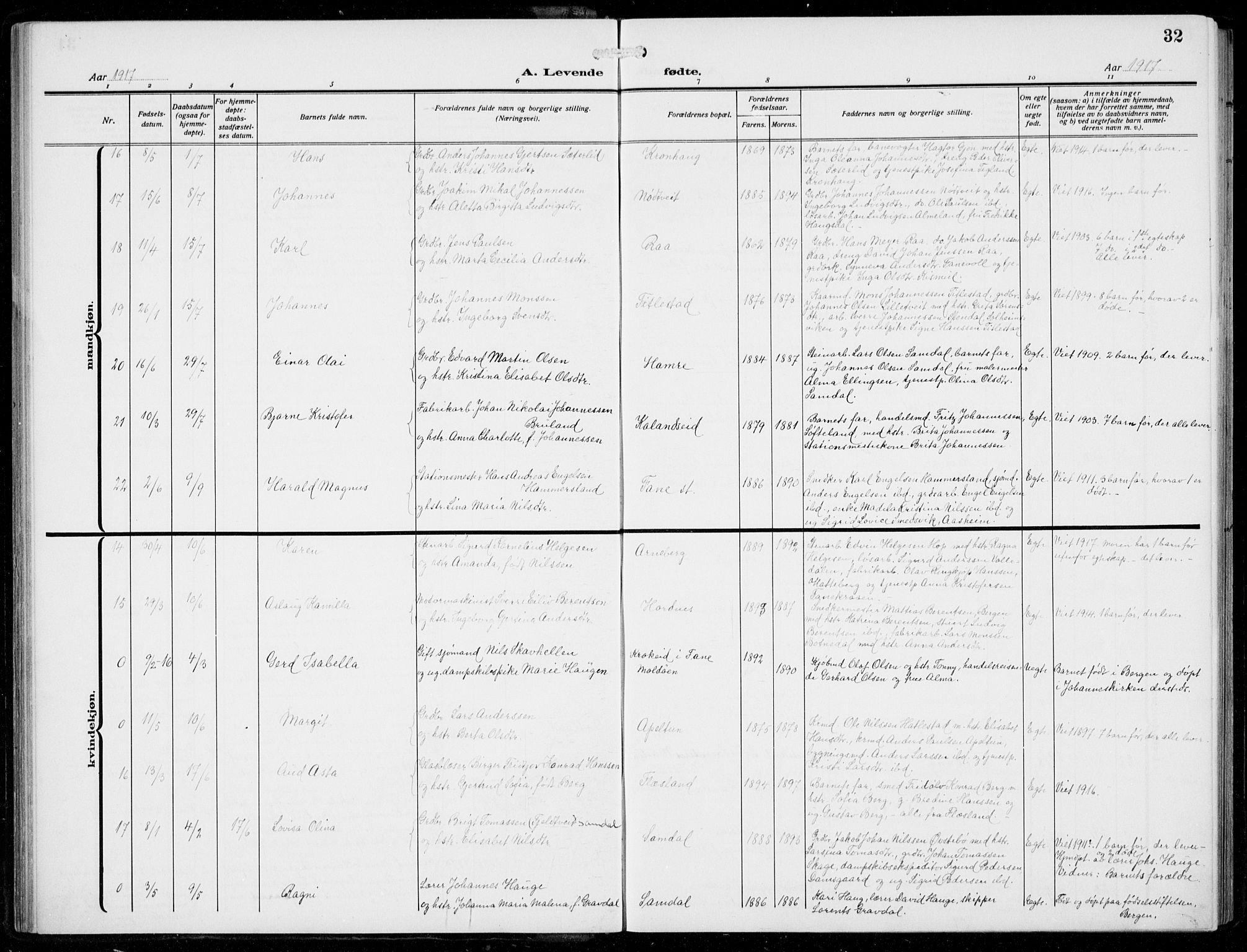 Fana Sokneprestembete, AV/SAB-A-75101/H/Hab/Haba/L0005: Parish register (copy) no. A 5, 1911-1932, p. 32