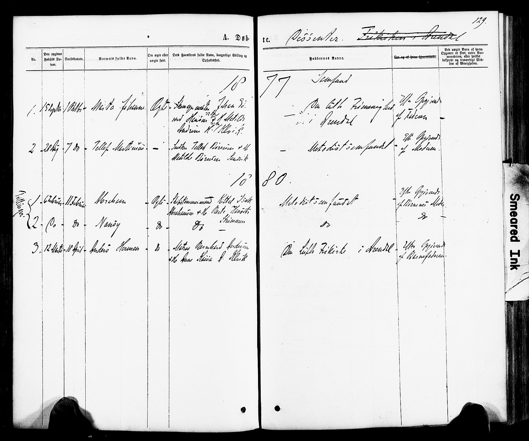 Hisøy sokneprestkontor, AV/SAK-1111-0020/F/Fa/L0002: Parish register (official) no. A 2, 1872-1880, p. 129