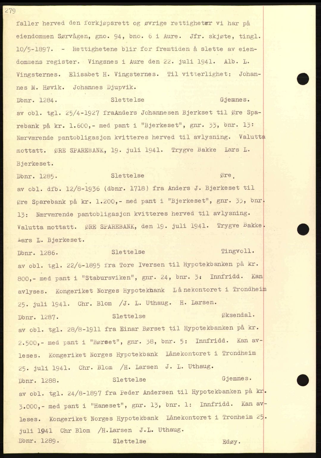 Nordmøre sorenskriveri, AV/SAT-A-4132/1/2/2Ca: Mortgage book no. C81, 1940-1945, Diary no: : 1284/1941