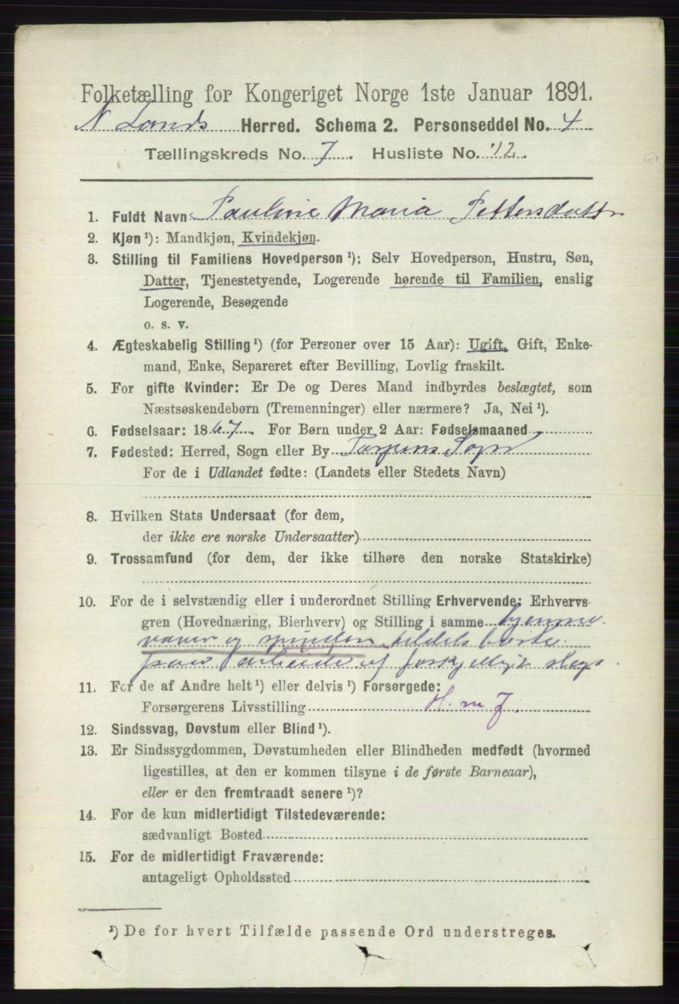 RA, 1891 census for 0538 Nordre Land, 1891, p. 2148