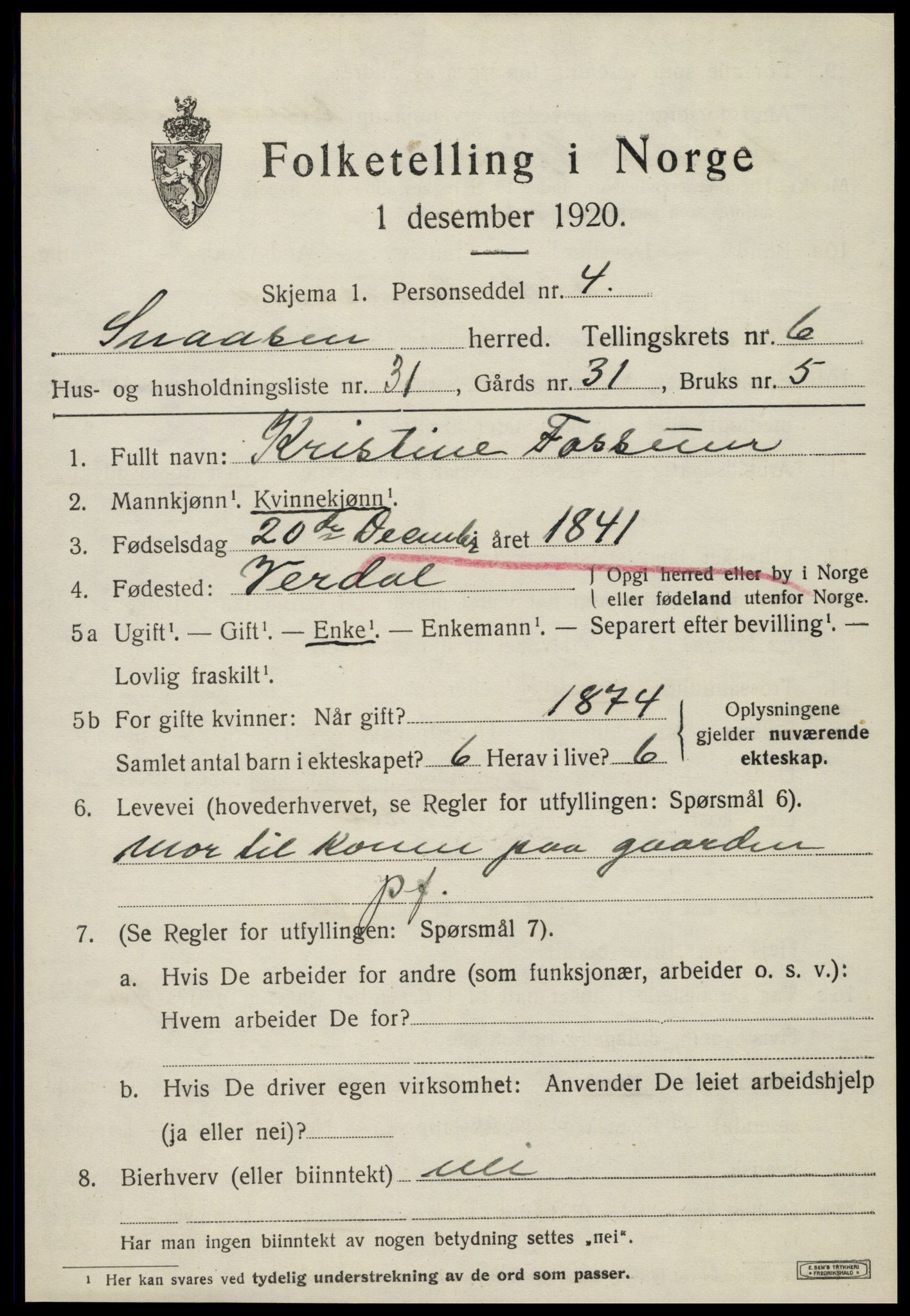 SAT, 1920 census for Snåsa, 1920, p. 2908
