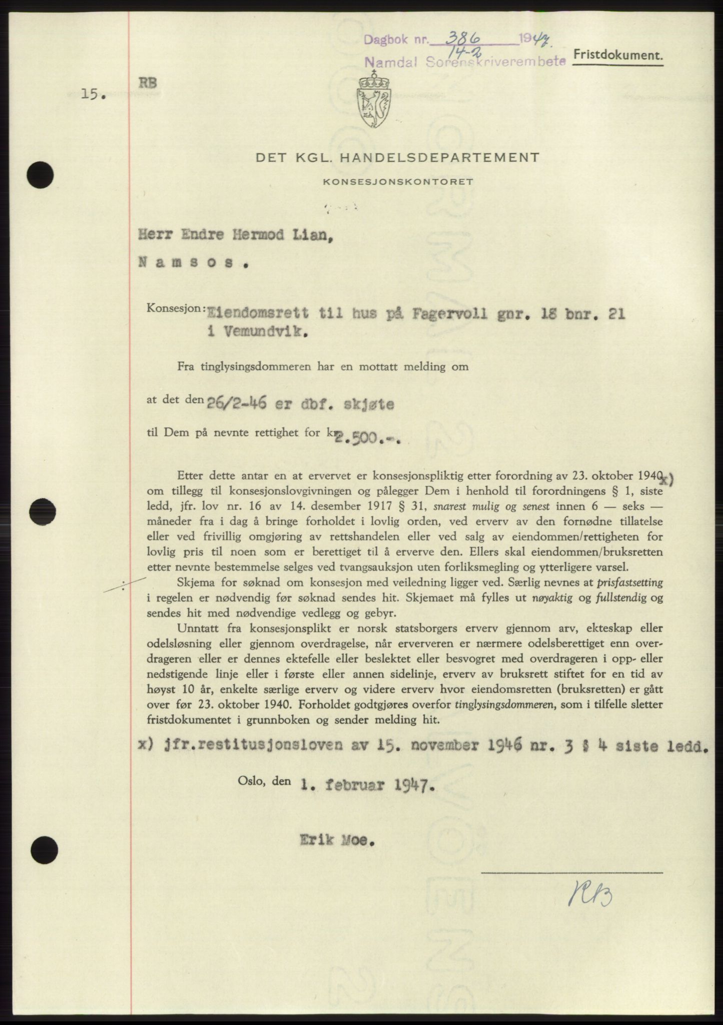 Namdal sorenskriveri, AV/SAT-A-4133/1/2/2C: Mortgage book no. -, 1946-1947, Diary no: : 386/1947