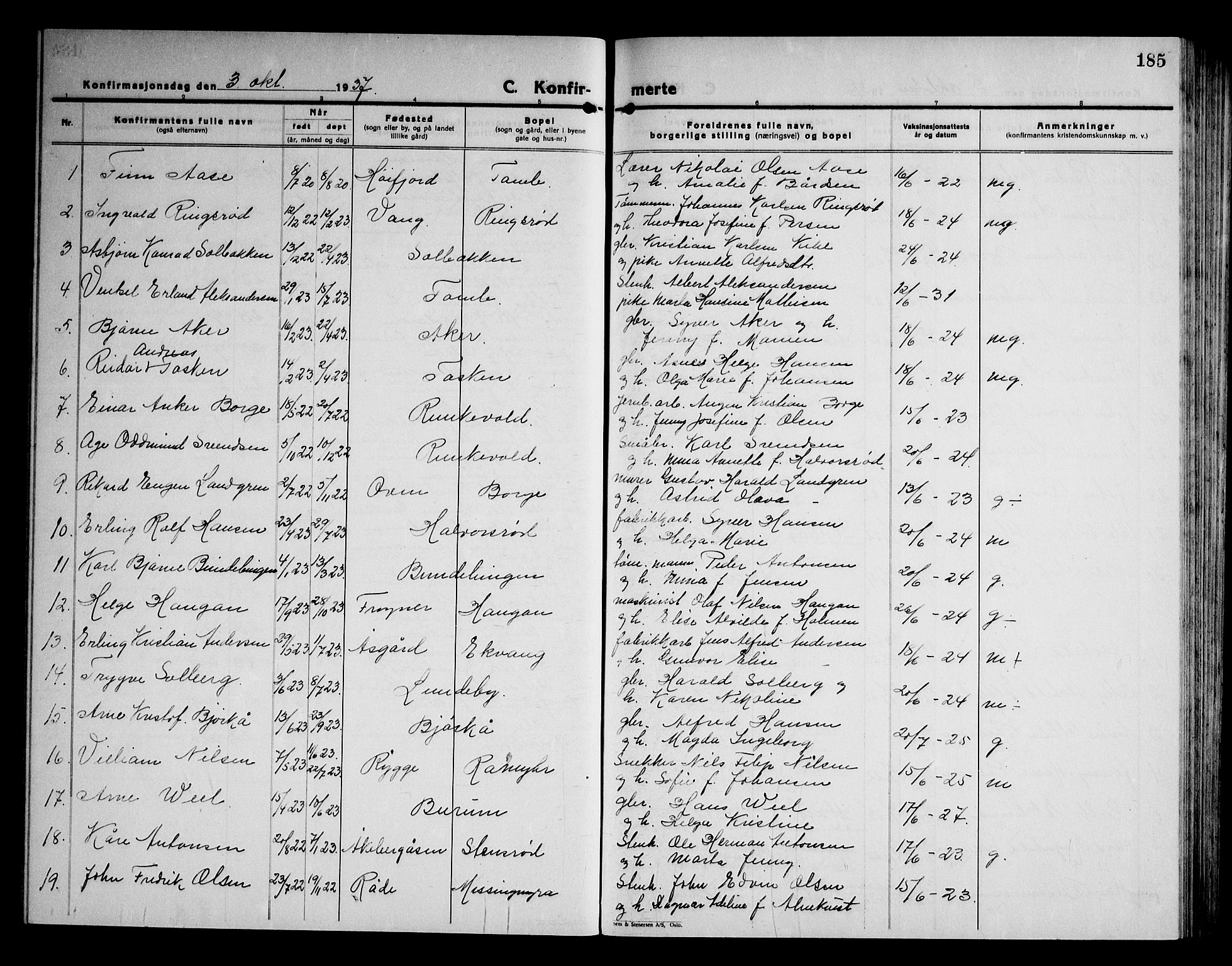Råde prestekontor kirkebøker, SAO/A-2009/G/Ga/L0002: Parish register (copy) no. I 2, 1926-1947, p. 185