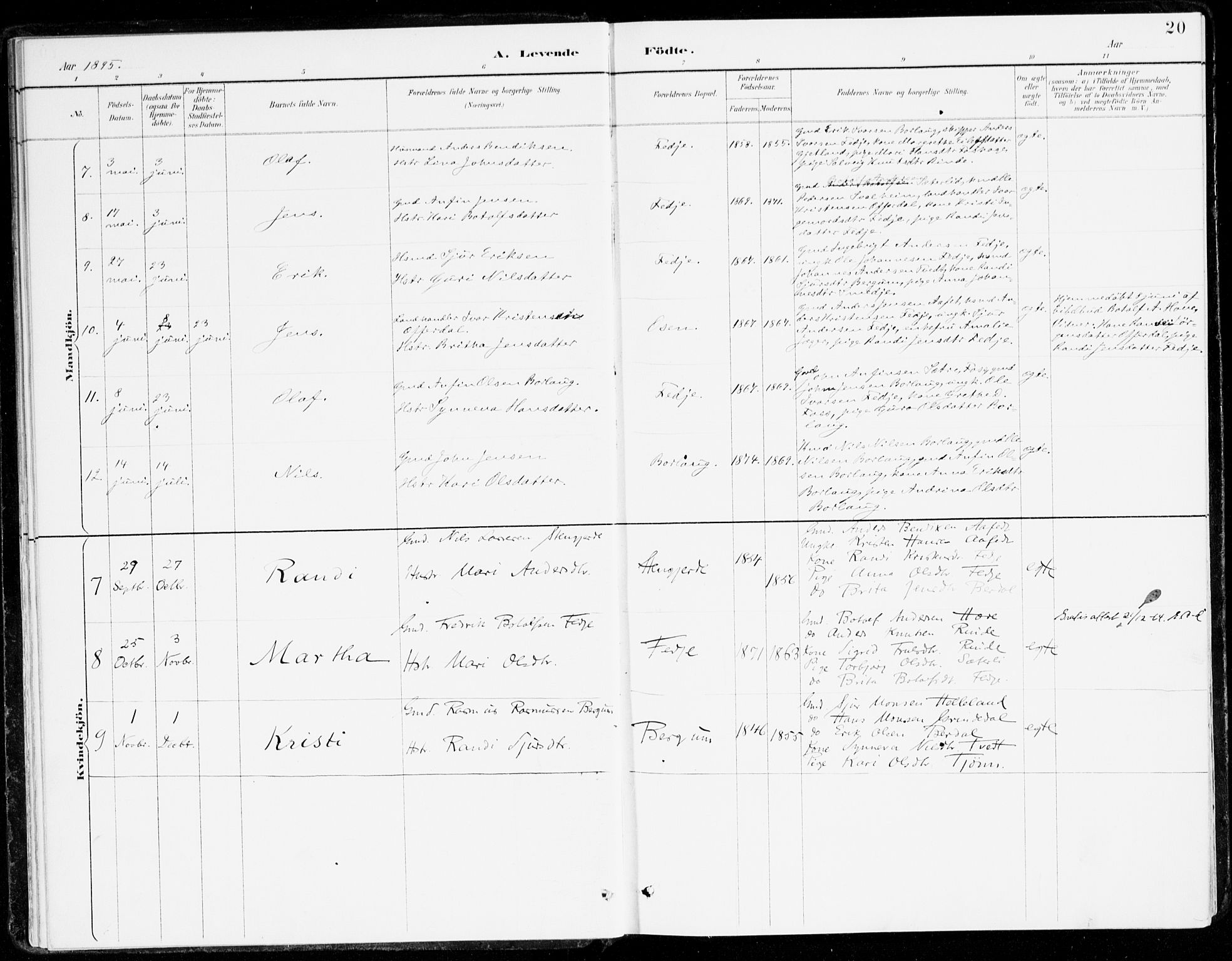 Leikanger sokneprestembete, AV/SAB-A-81001/H/Haa/Haad/L0001: Parish register (official) no. D 1, 1887-1922, p. 20