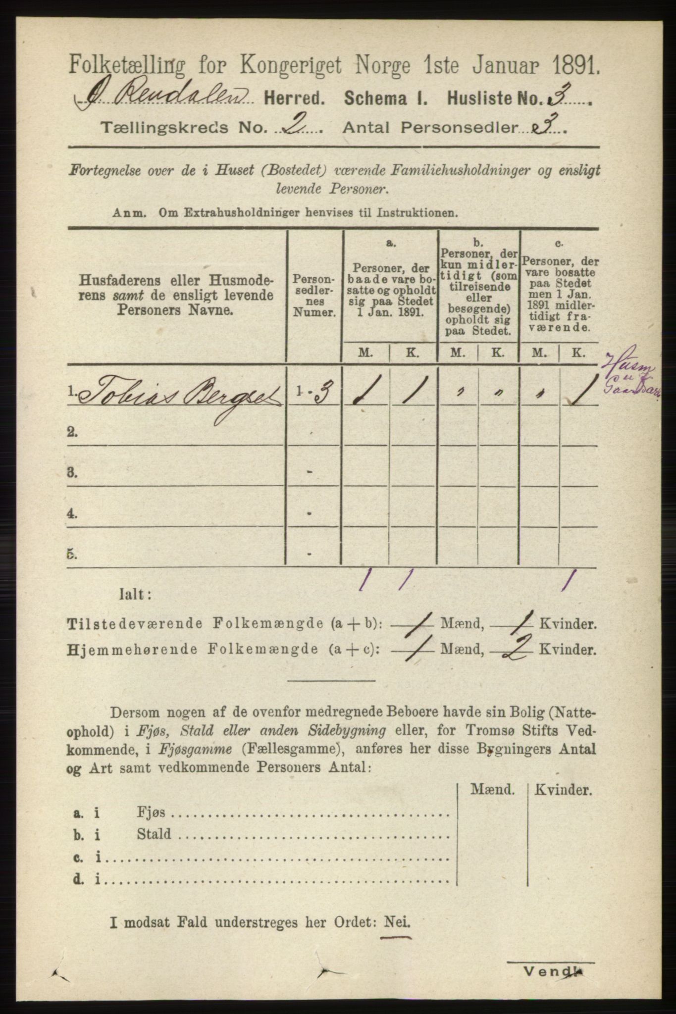 RA, 1891 census for 0433 Øvre Rendal, 1891, p. 336
