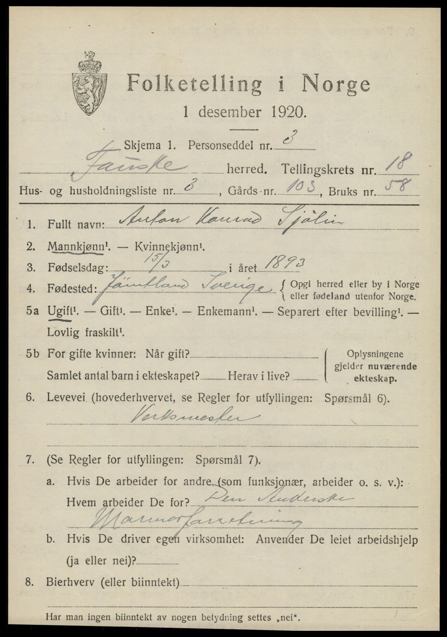 SAT, 1920 census for Fauske, 1920, p. 10830