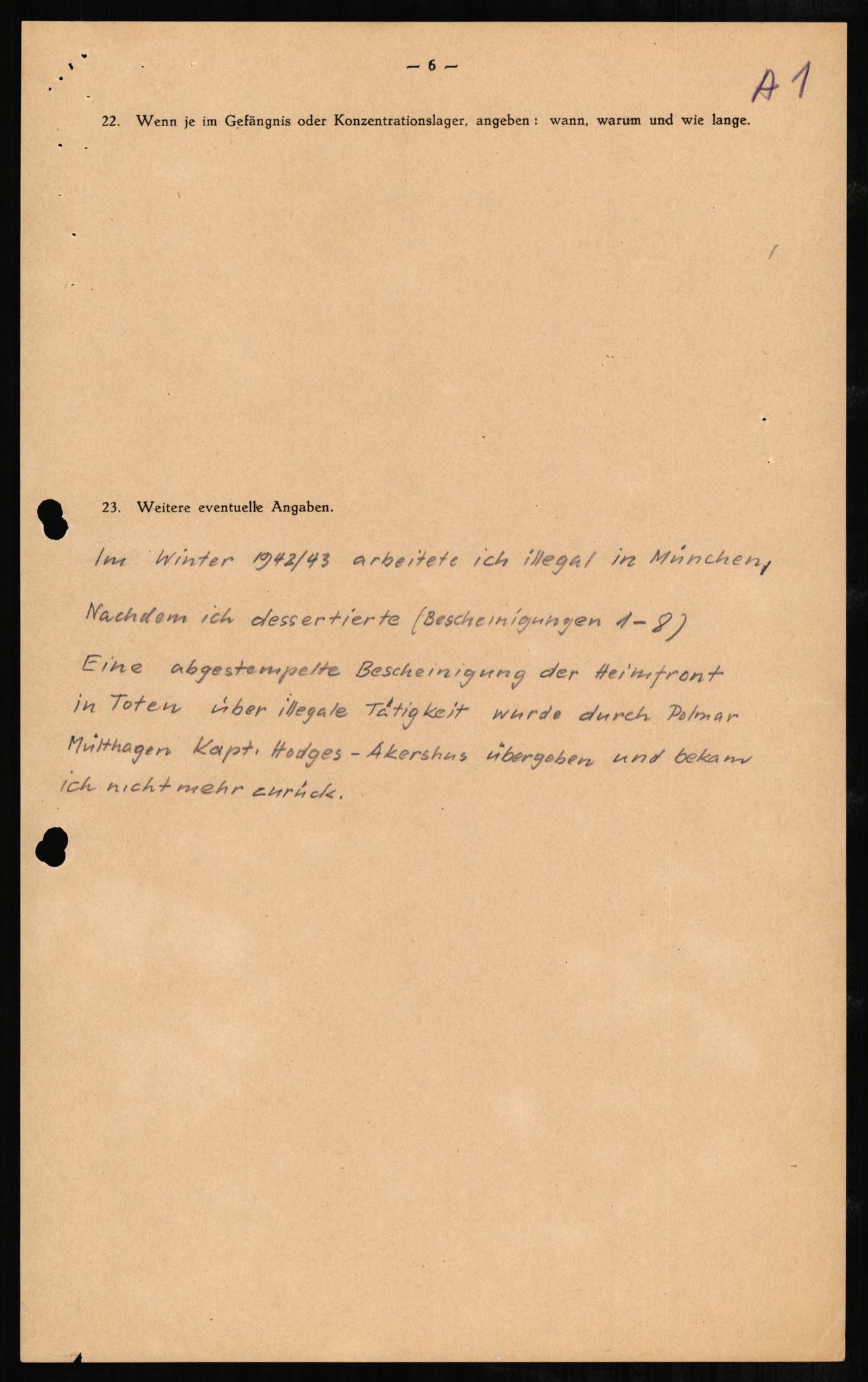 Forsvaret, Forsvarets overkommando II, AV/RA-RAFA-3915/D/Db/L0001: CI Questionaires. Tyske okkupasjonsstyrker i Norge. Tyskere., 1945-1946, p. 422