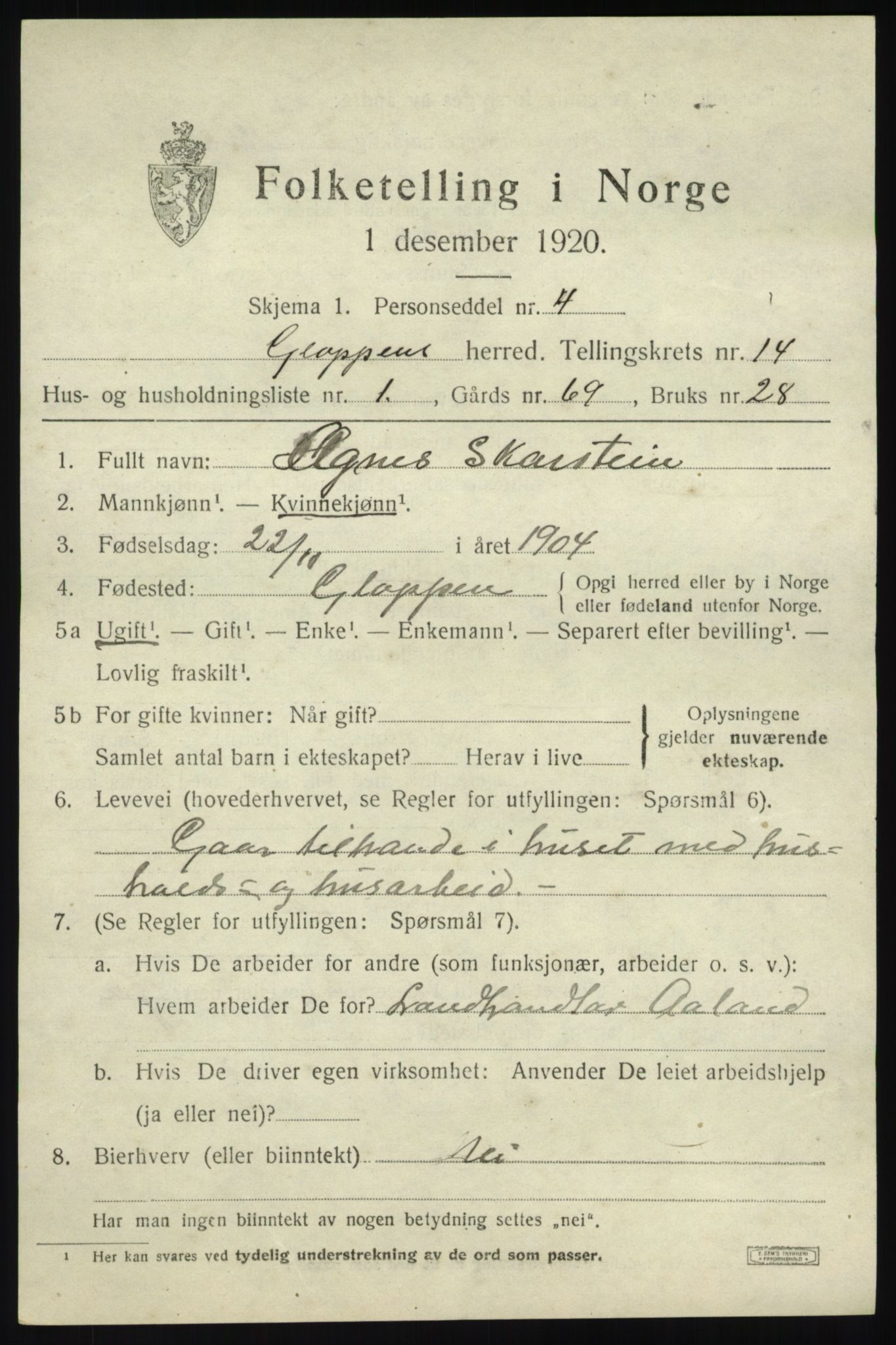 SAB, 1920 census for Gloppen, 1920, p. 6894