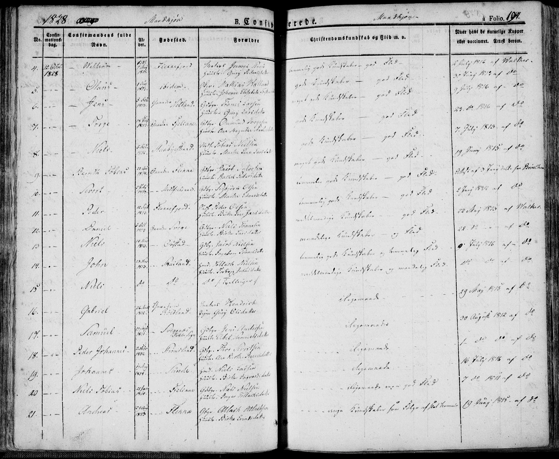 Flekkefjord sokneprestkontor, SAK/1111-0012/F/Fa/Fac/L0003: Parish register (official) no. A 3, 1826-1841, p. 194