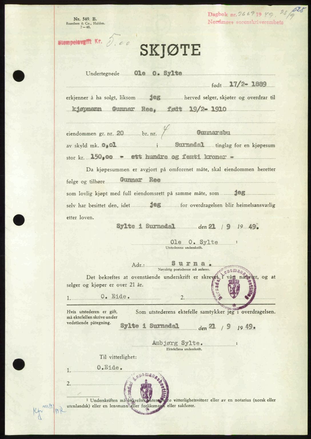 Nordmøre sorenskriveri, AV/SAT-A-4132/1/2/2Ca: Mortgage book no. A112, 1949-1949, Diary no: : 2669/1949