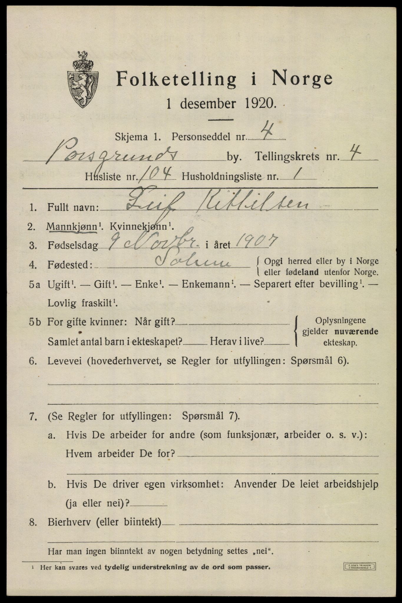 SAKO, 1920 census for Porsgrunn, 1920, p. 19917