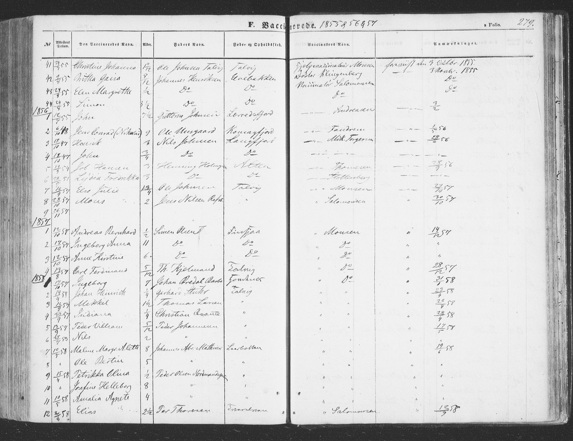 Talvik sokneprestkontor, SATØ/S-1337/H/Ha/L0010kirke: Parish register (official) no. 10, 1852-1864, p. 279