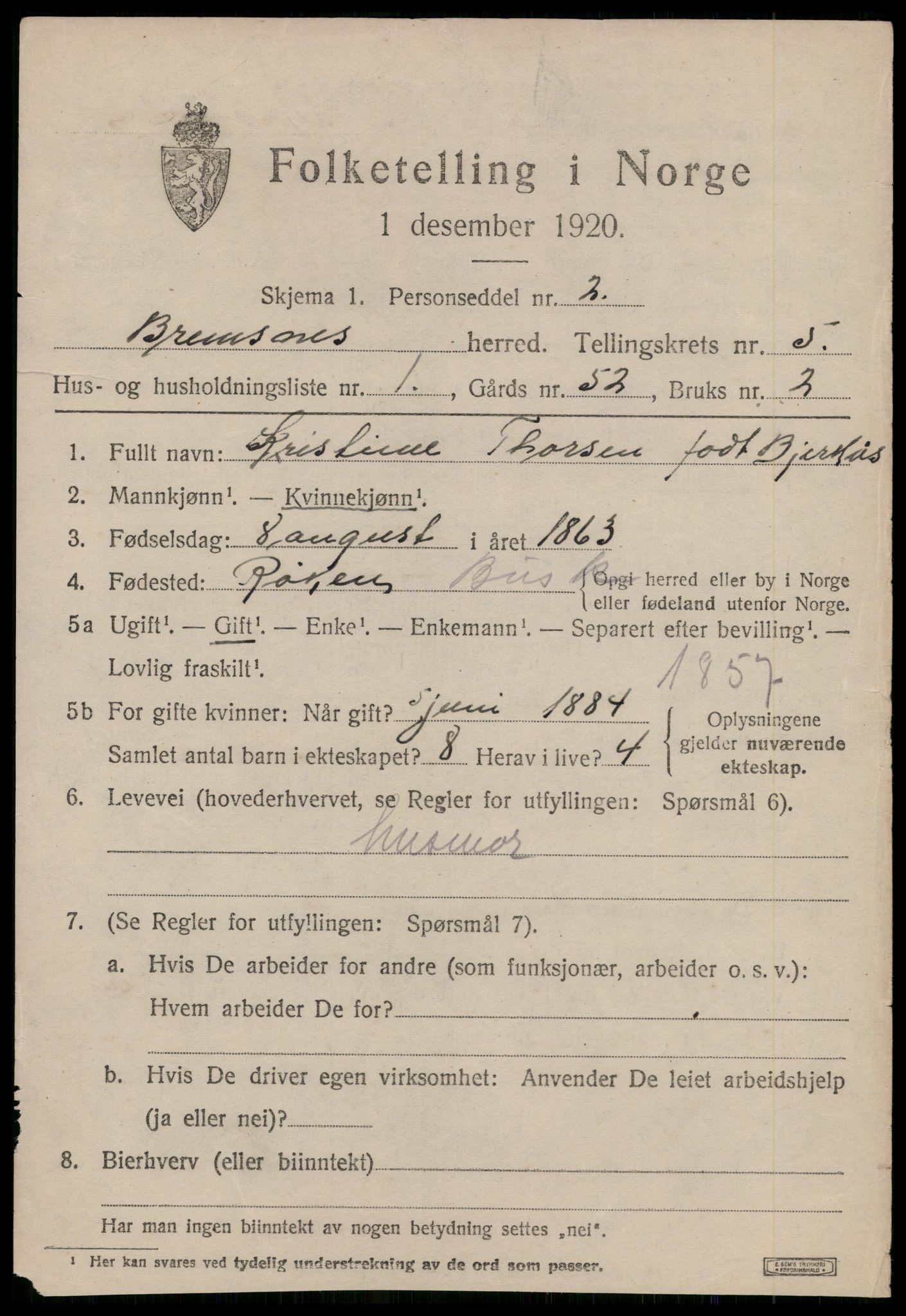 SAT, 1920 census for Bremsnes, 1920, p. 4373