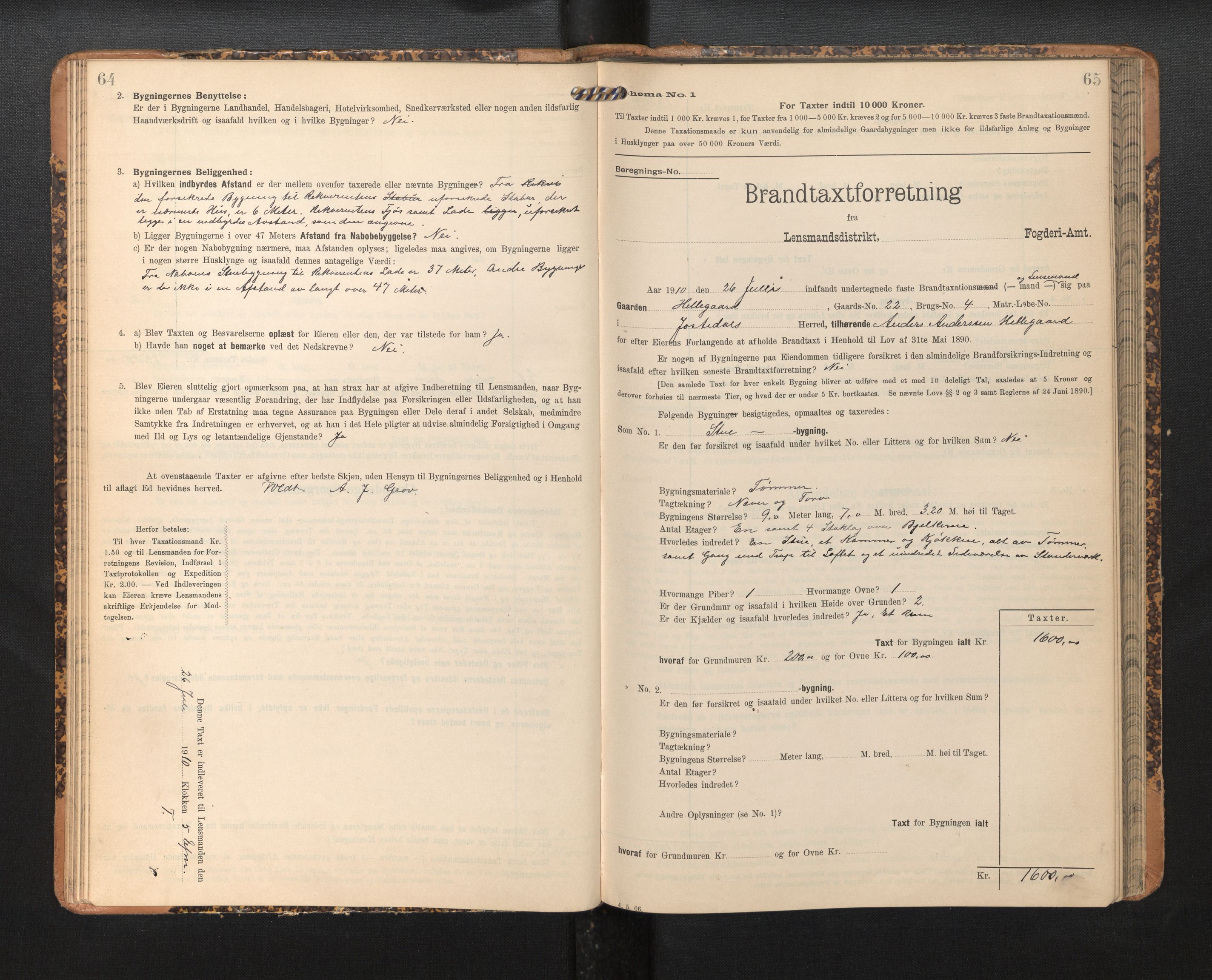 Lensmannen i Jostedal, AV/SAB-A-28601/0012/L0004: Branntakstprotokoll, skjematakst, 1906-1919, p. 64-65