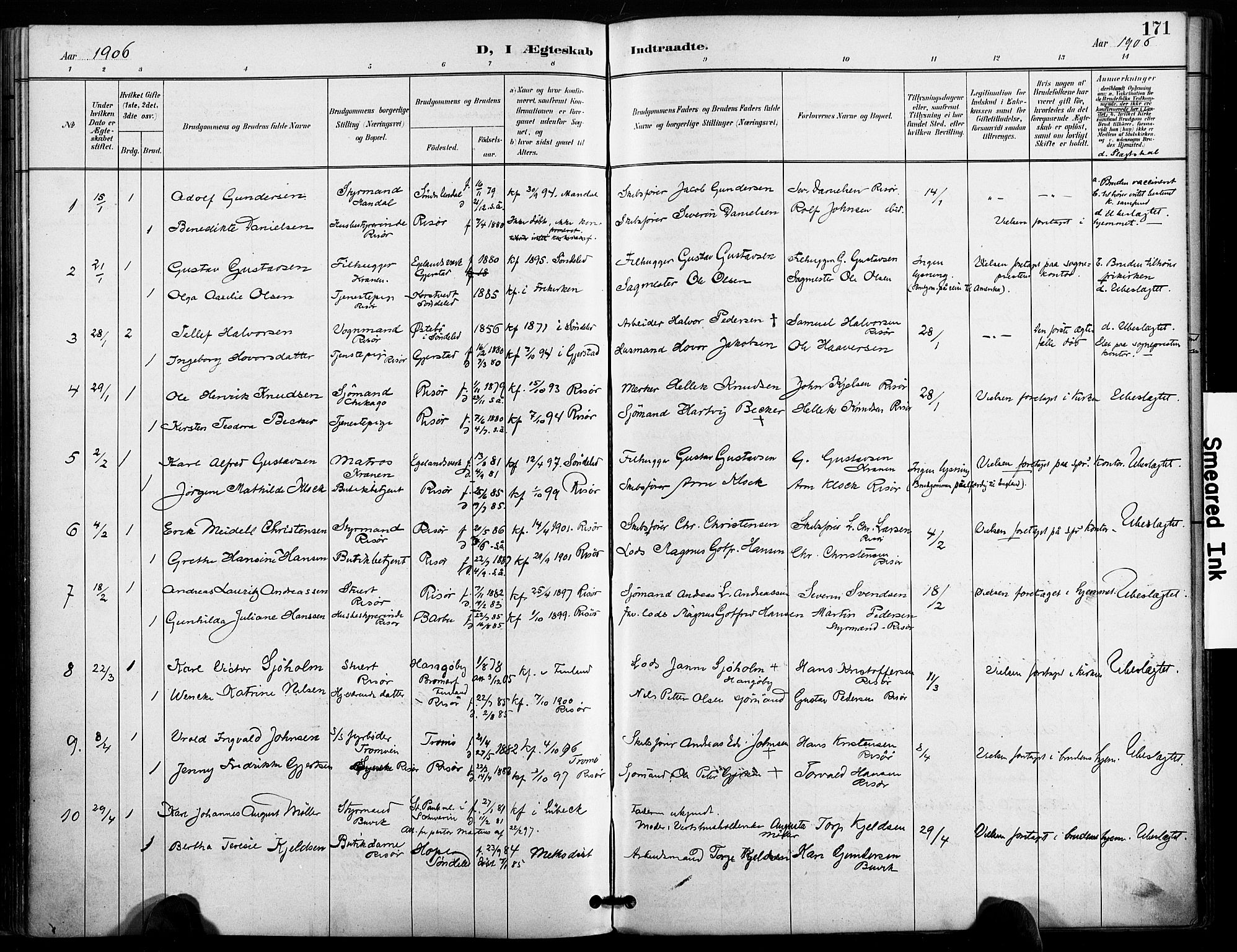 Risør sokneprestkontor, SAK/1111-0035/F/Fa/L0010: Parish register (official) no. A 10, 1896-1906, p. 171