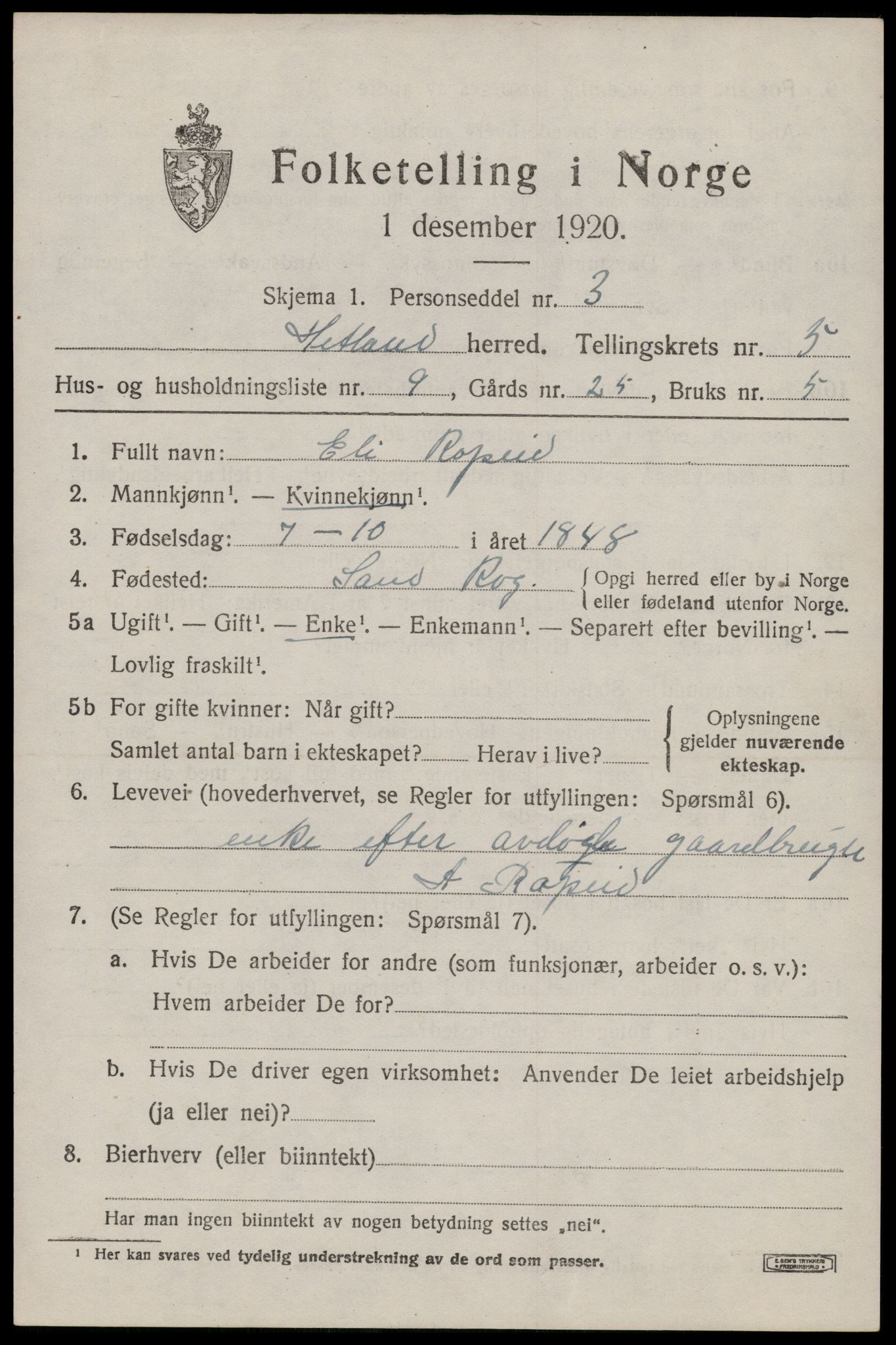 SAST, 1920 census for Hetland, 1920, p. 8481