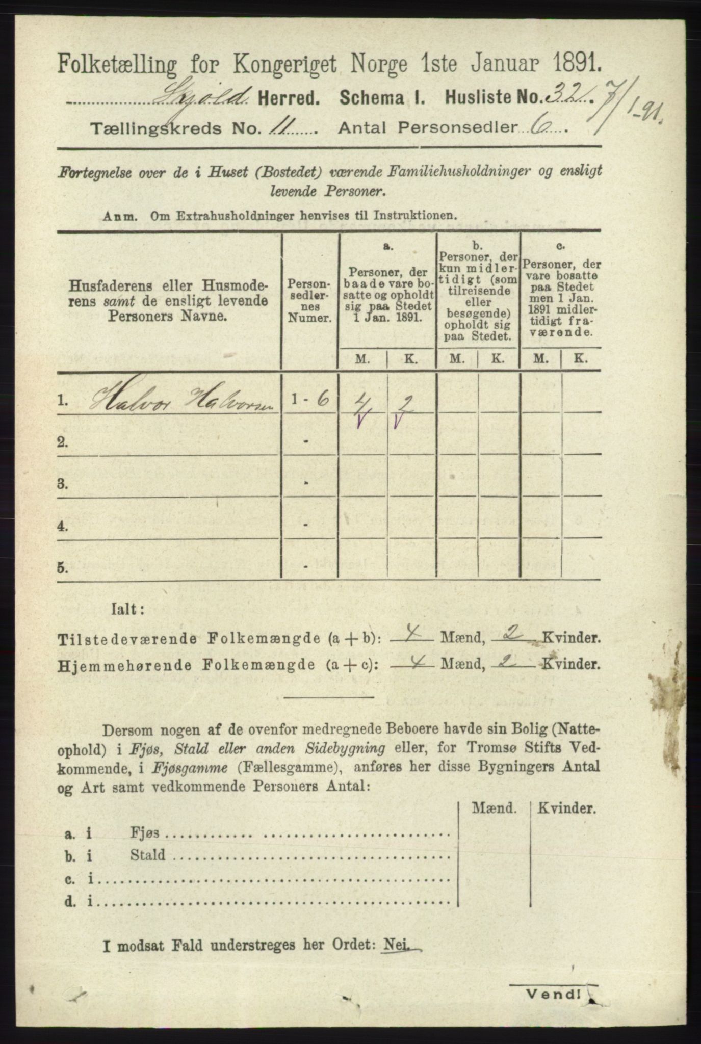 RA, 1891 census for 1154 Skjold, 1891, p. 2067