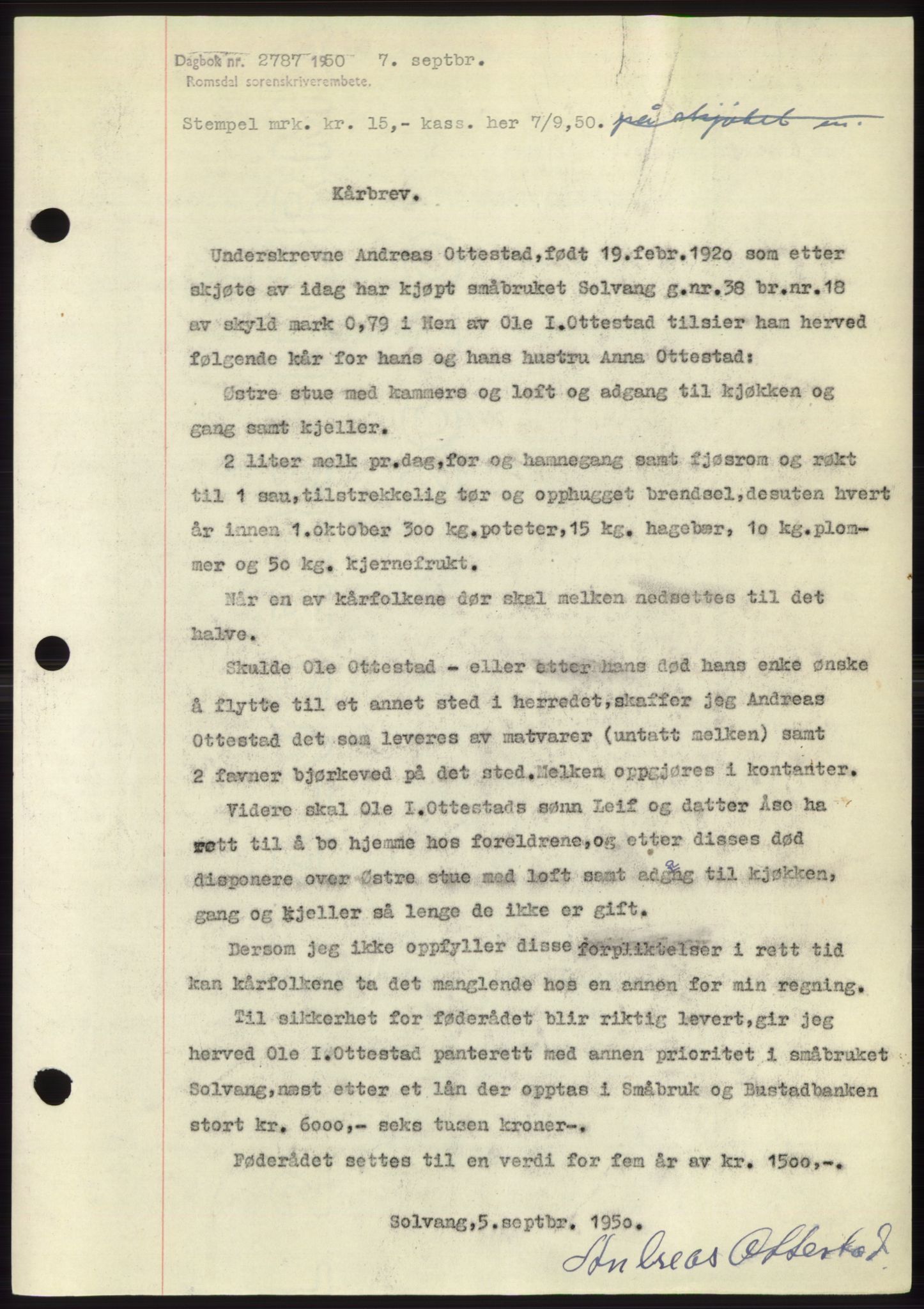 Romsdal sorenskriveri, AV/SAT-A-4149/1/2/2C: Mortgage book no. B5, 1949-1950, Diary no: : 2787/1950