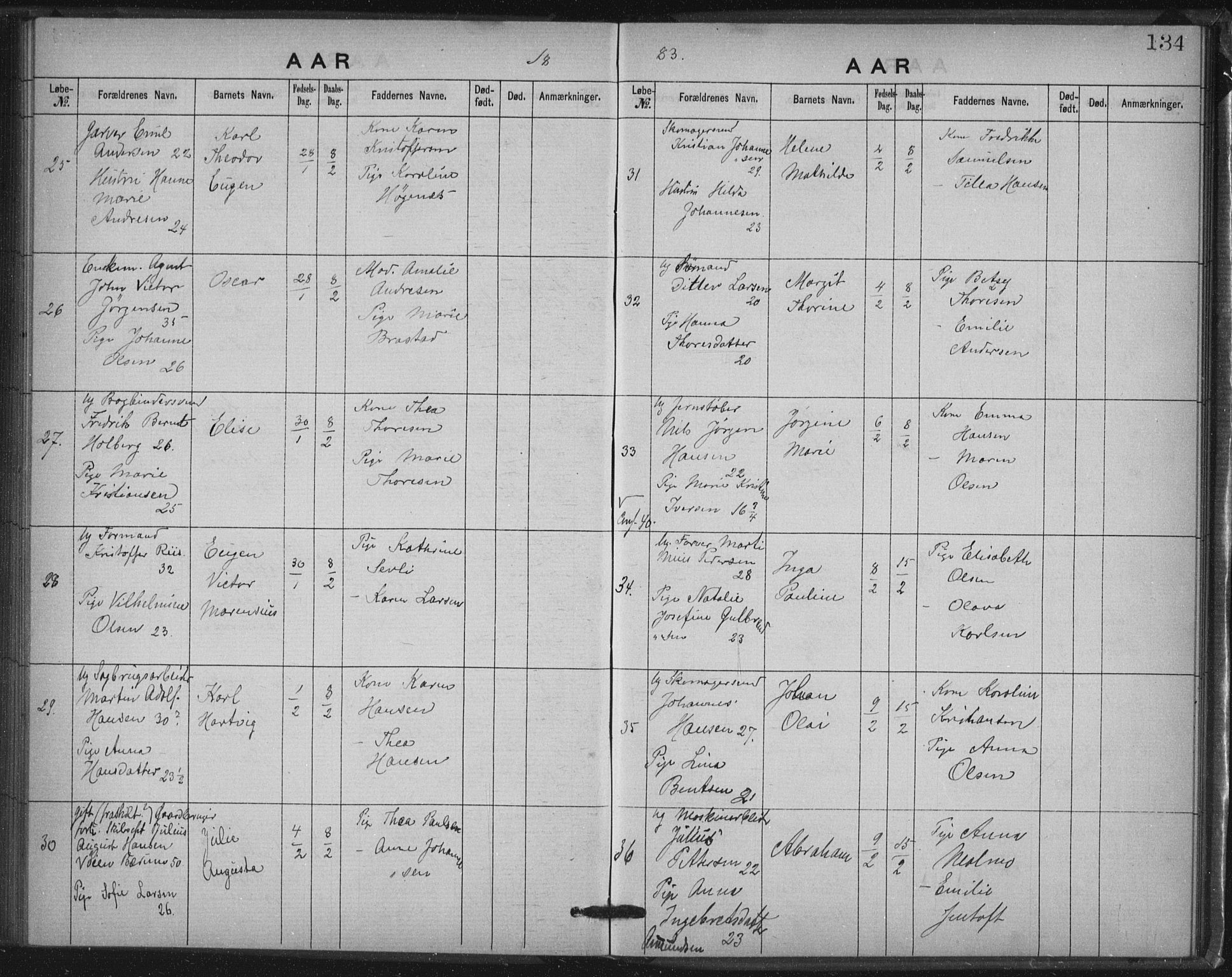 Rikshospitalet prestekontor Kirkebøker, AV/SAO-A-10309b/K/L0003/0001: Baptism register no. 3.1, 1877-1884, p. 134